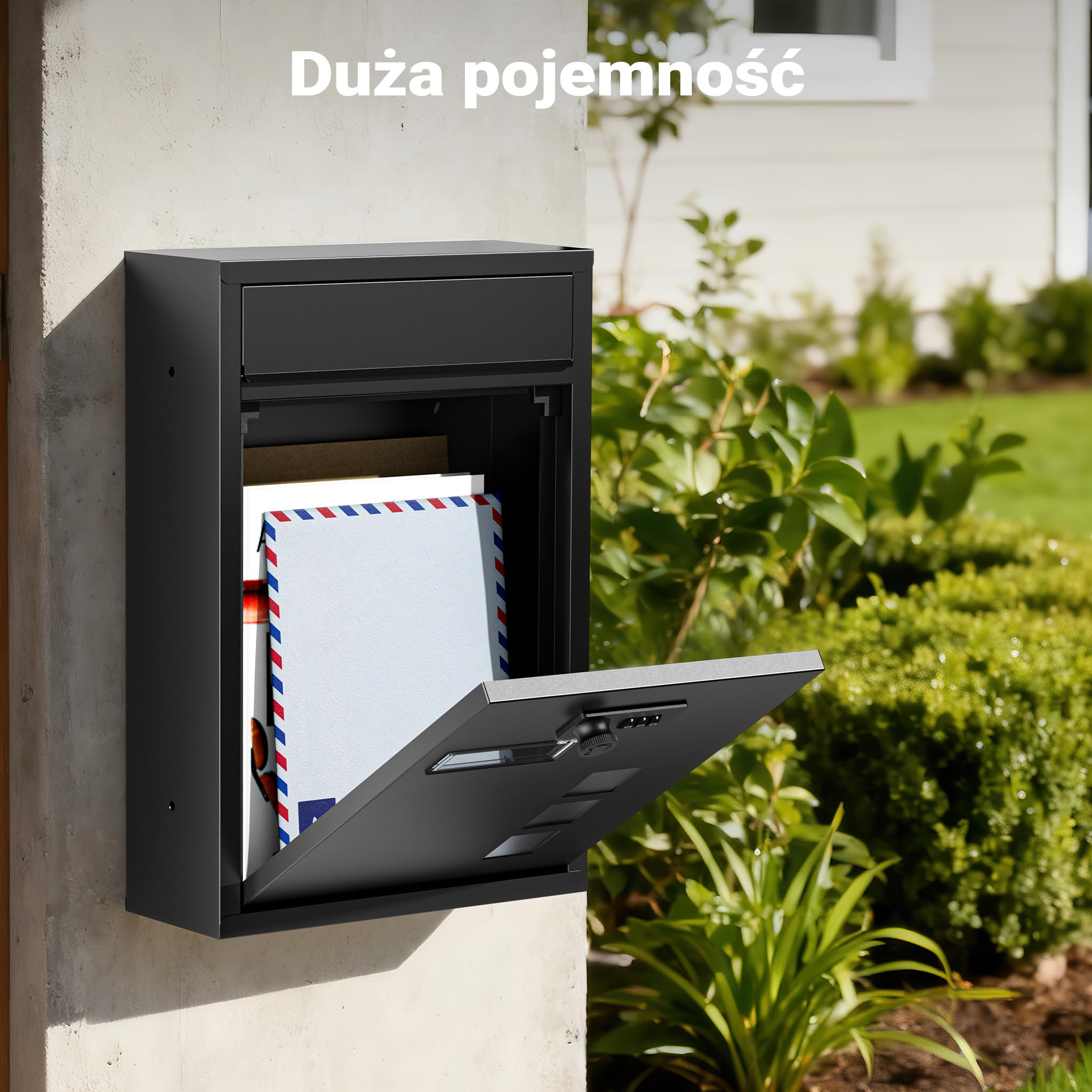 Wiltec Skrzynka na listy z zamkiem szyfrowym, imiennikiem i wizjerem, czarna skrzynka pocztowa do montażu na ścianie, stalowa, malowana proszkowo