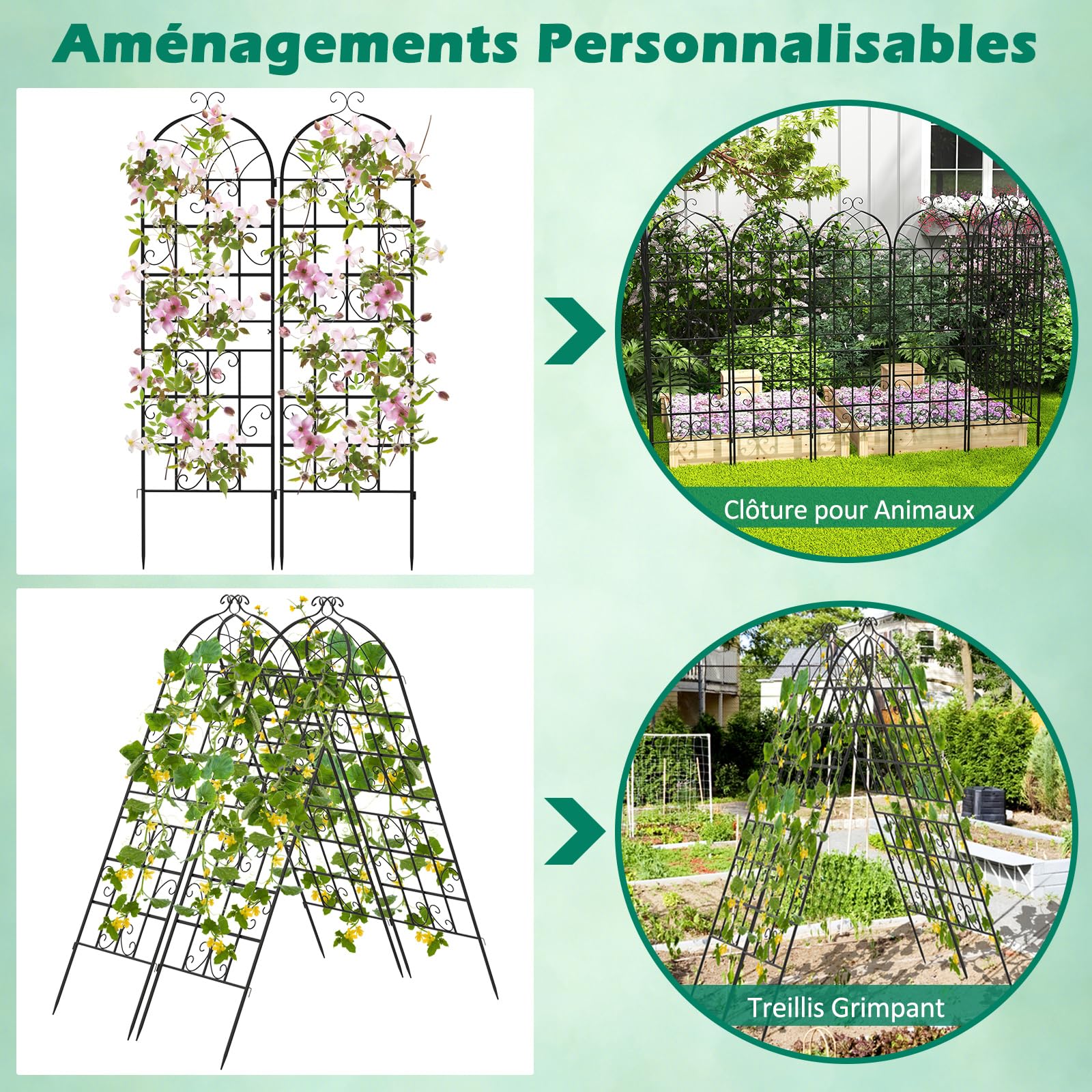 COSTWAY Lot de 2 Treillis de Jardin en Métal 180 x 50 cm, Clôture Décorative pour Plante Grimpante, Grille Fleurs Antirouille pour Jardin, Cour, Patio, Noir