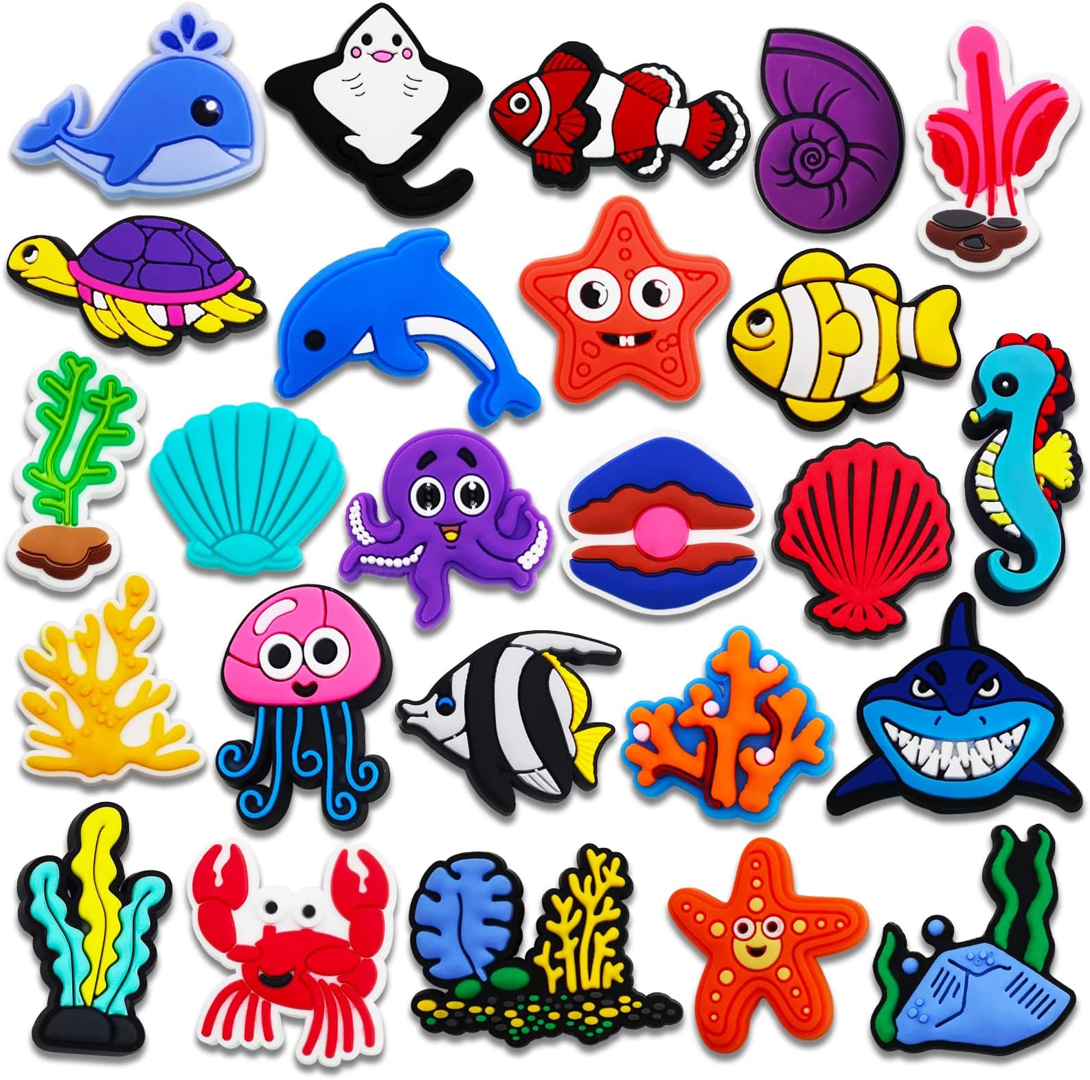 25PCS Ocean Sea Animals Charms for Croc Bubble Slides Clogs Sandals, Under the Sea Marine Life Shoe Accessories Decorations for Girls Women Kids Teens, Resin, No Gemstone