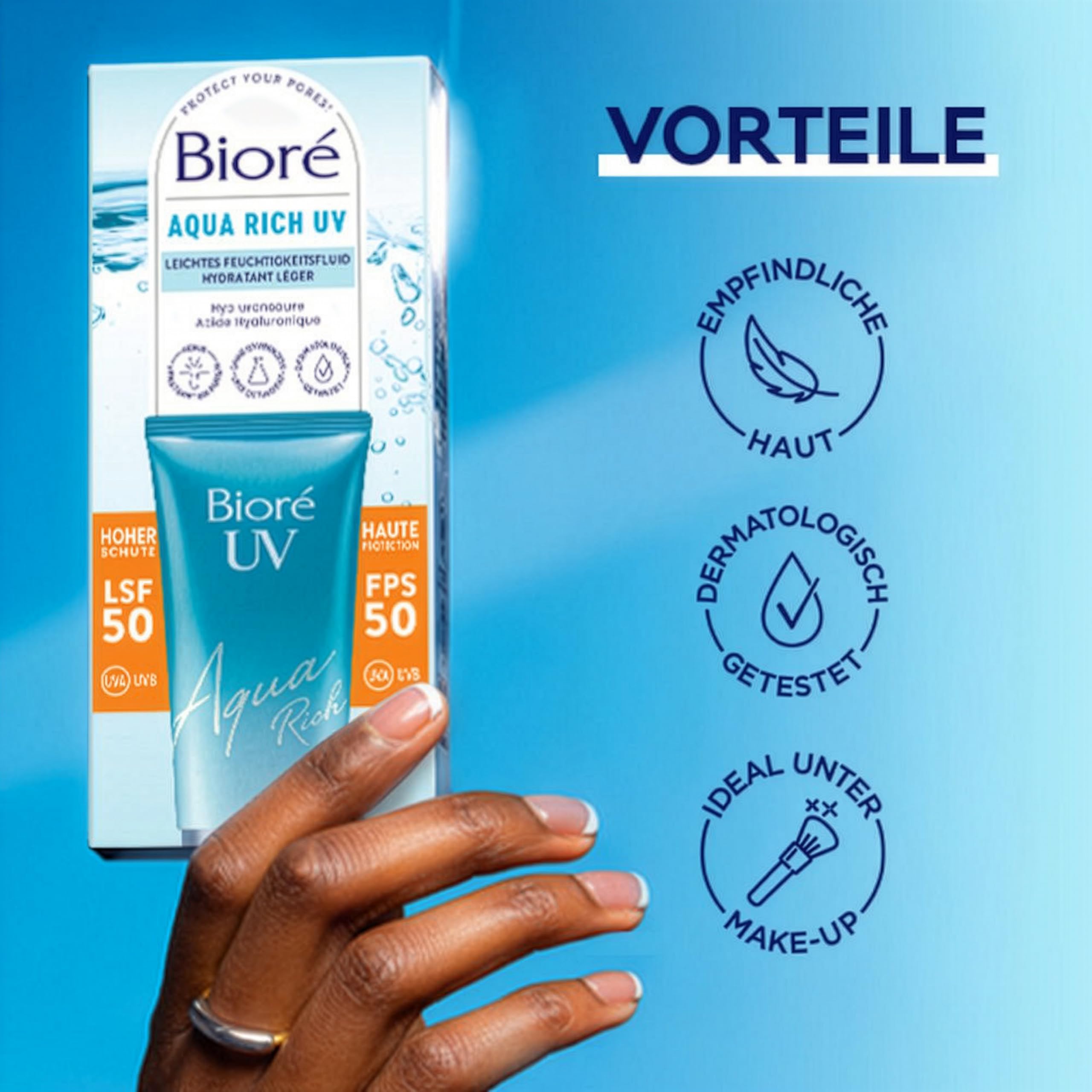 Biore Aqua Rich UV – lekki płyn nawilżający do twarzy – ochrona przed słońcem – współczynnik ochrony przeciwsłonecznej LSF 50 – UVA/UVB – działa pod makijażem – nie natłuszcza