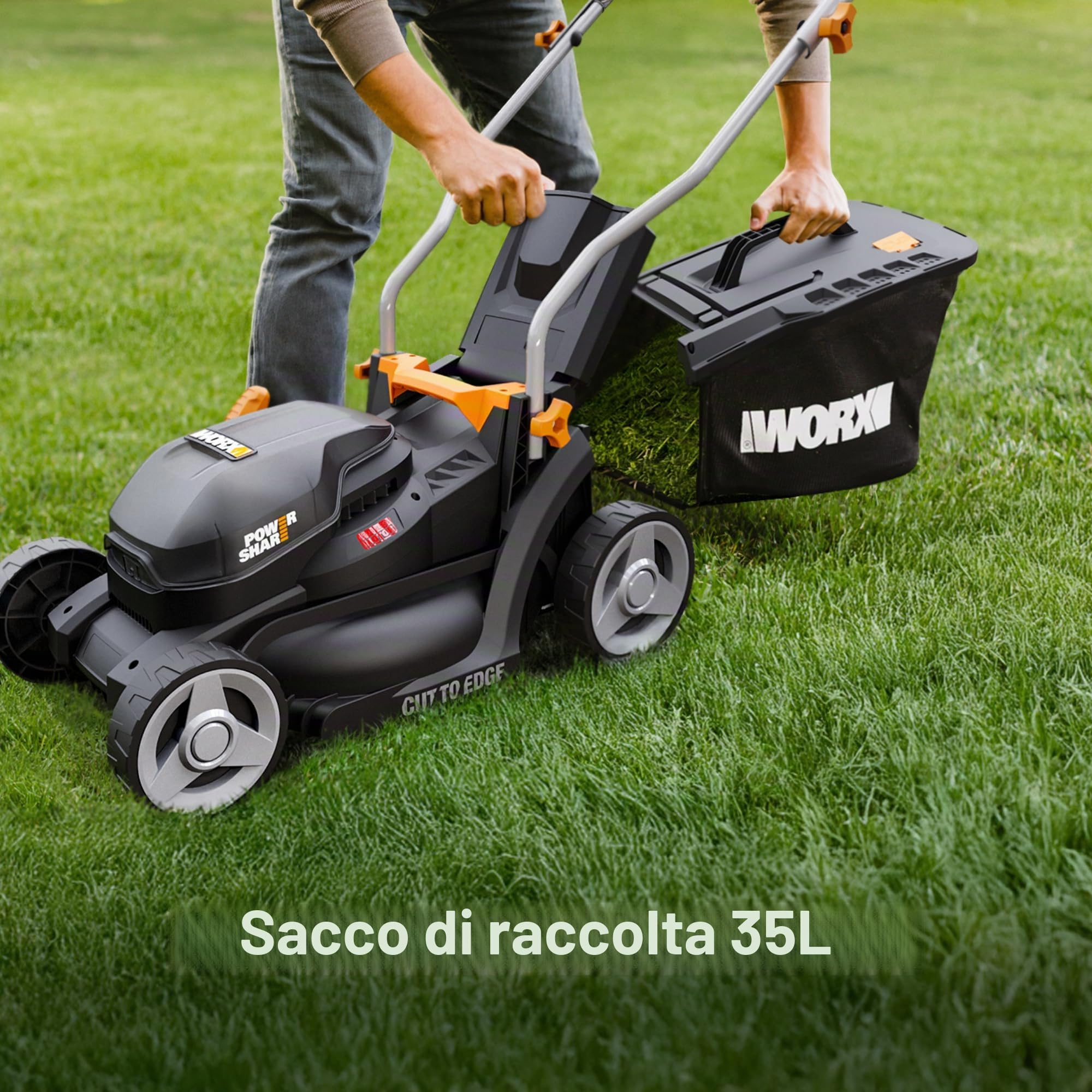 WORX ‎WG733E Tosaerba a batteria 20 V, potente motore brushless, larghezza di taglio 33 cm, 6 livelli di altezza di taglio (25-75 mm), tecnologia Intellicut, sacco di raccolta erba da 35 l
