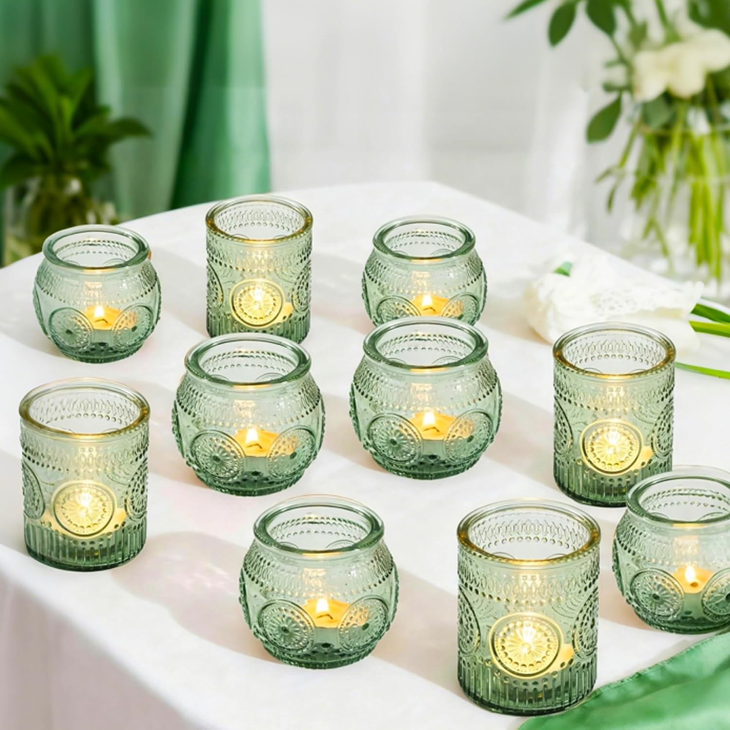 12Pcs Embossed Glass Votive Candle Holders Set, Thickened Candle Cups,Green