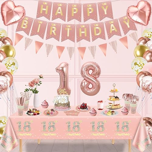 Miniatura 4 de 239 piezas de decoración de fiesta de cumpleaños número 18 de oro rosa para niñas, suministros de feliz cumpleaños 18 de oro rosa, juego de vajilla,
