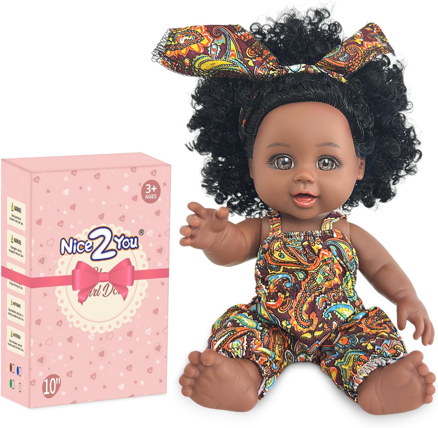 Nice2you Black Baby Doll, 10 inch American African Girl Doll with Dress, Realistic Reborn for Kids Aged 2 3 4 5 6, Silicone Small Toy Curly Hair Birthday Gift, Brown, BD-1
