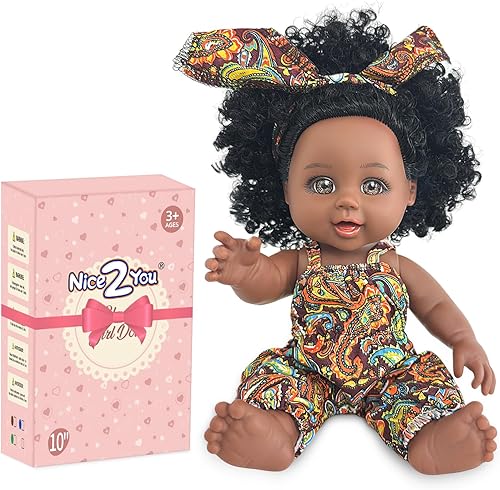 Nice2you Muñeca de bebé negra, muñeca negra africana americana de 10 pulgadas con vestido, muñeca realista Reborn para niños de 2 3 4 5 6 años,