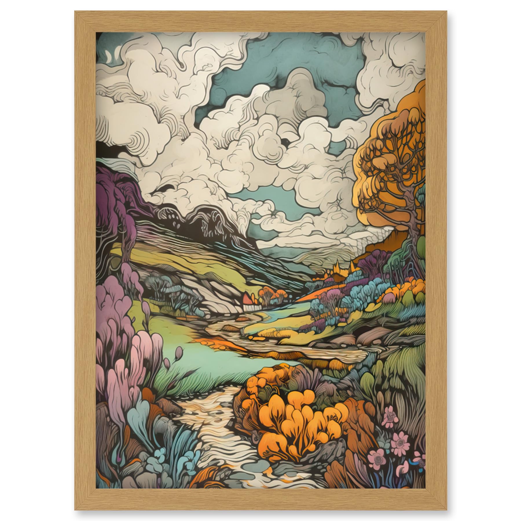Artery8 Meadow River Multicoloured Landscape Illustration Artwork Framed Wall Art Print A4