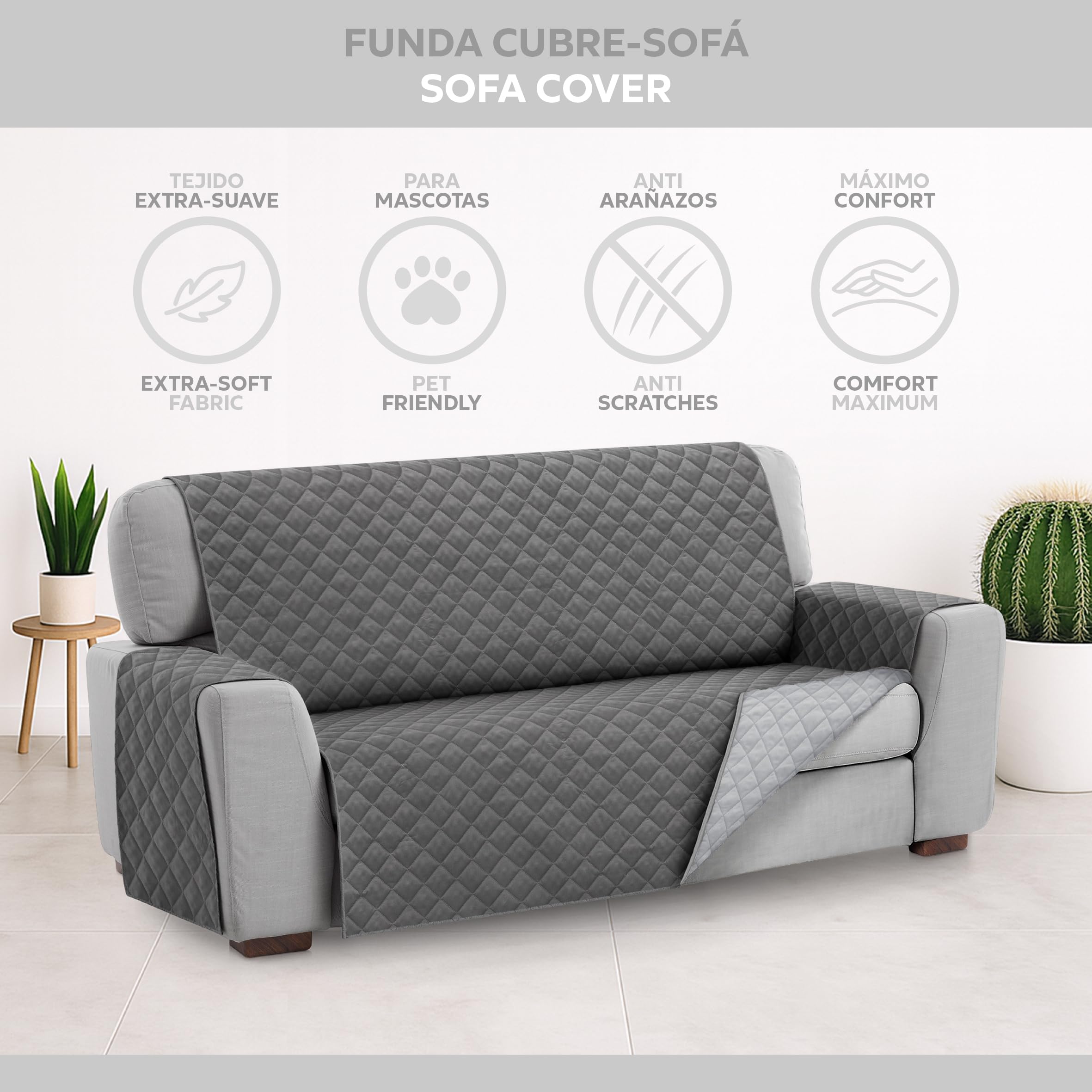 Textilhome Copridivano Malu 3 Posti (160cm) – Salvadivano Trapuntato Reversibile Universale, Protezione Antigraffio, Fodera Imbottita per Divano, Colore Grey