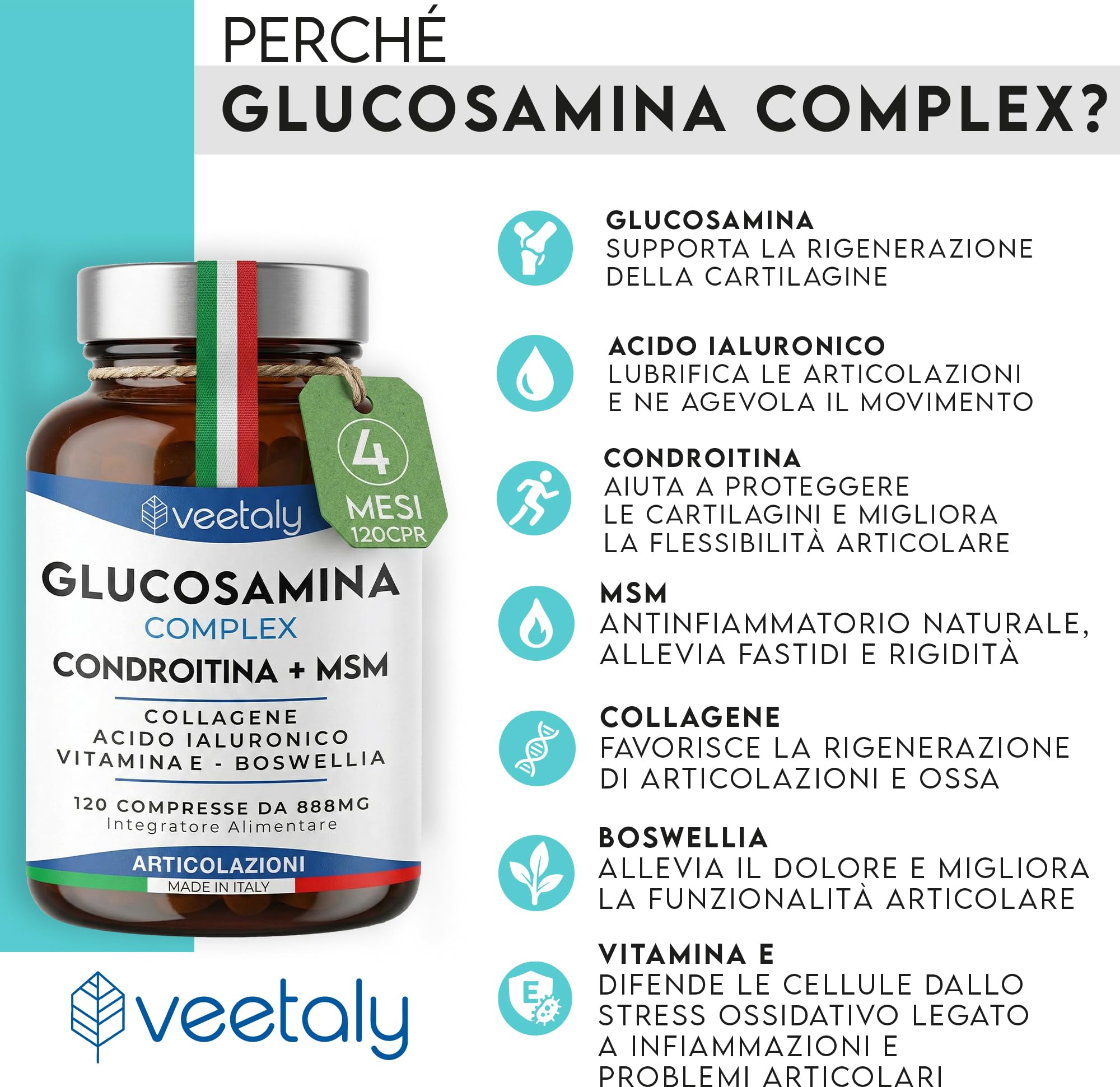 Glucosamina Condroitina MSM 888mg - Integratore Articolazioni e Cartilagine Ginocchio con Collagene, Acido Ialuronico, Vitamina E, Boswellia - 4 Mesi, 120 Compresse da 888 mg