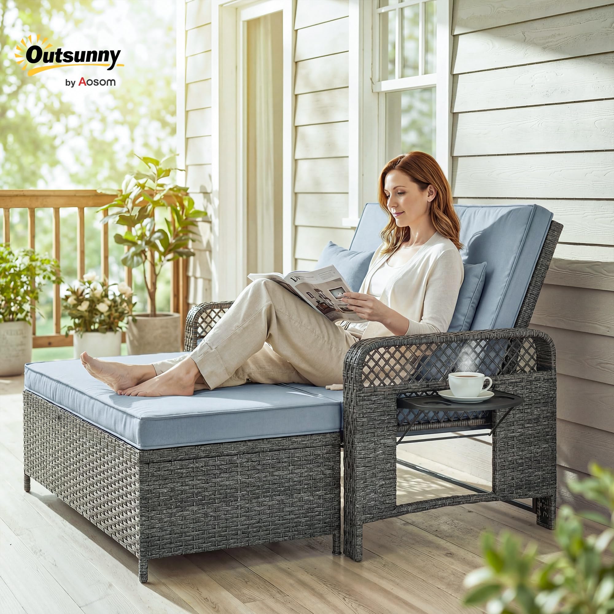 Outsunny 2 Pieces Patio Lounge Chair Set with Cushions, PE Wicker Outdoor Chaise Lounge with Adjustable Backrest, Side Trays and Storage Ottoman, Tanning Chair, Light Grey - 3