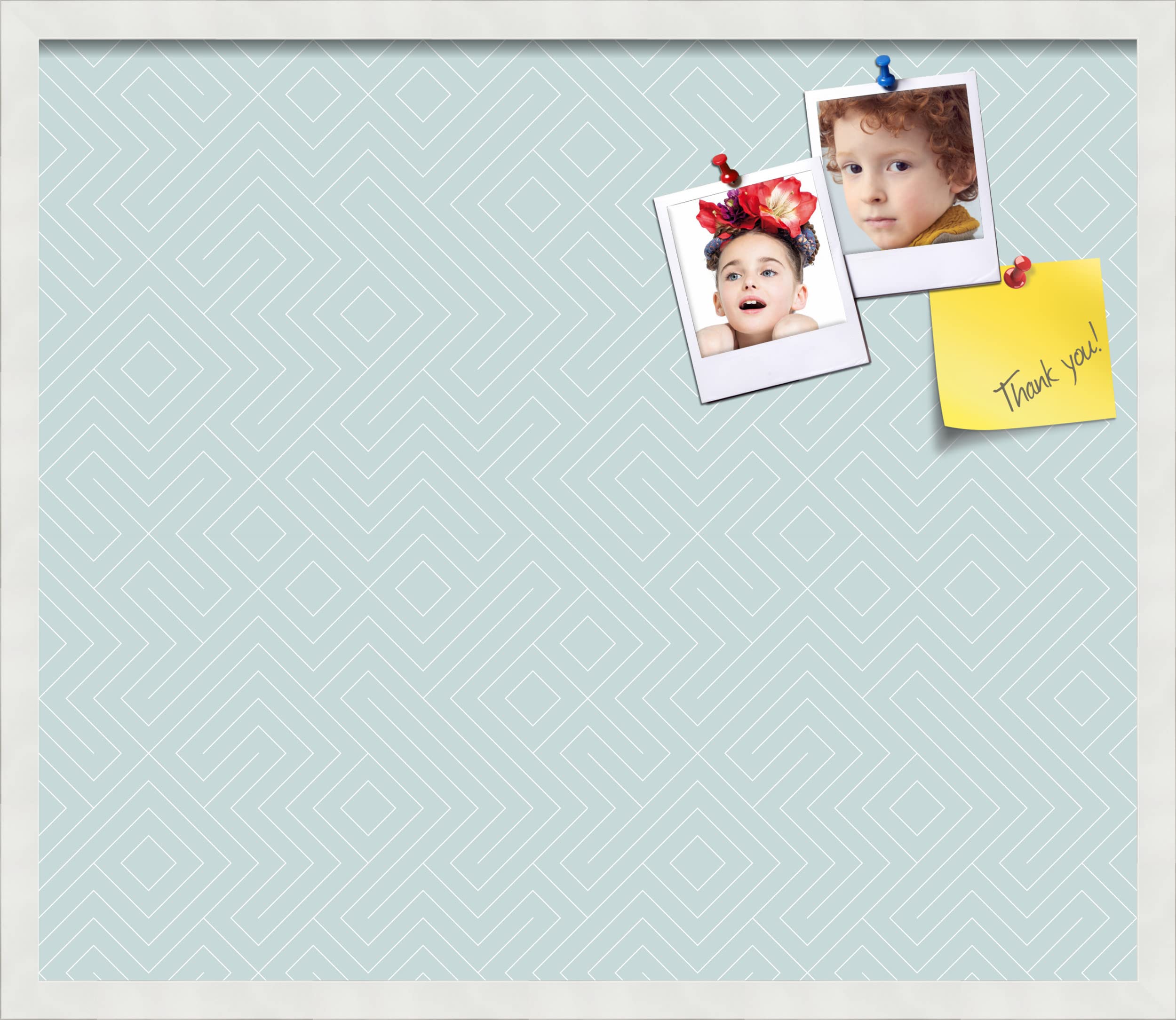 PinPix 28x24 Inch Cork Bulletin Board. This Decorative Framed Pin Board Comes with Maze Soft Blue Design and a Satin White Frame Frame. Ideal for Home