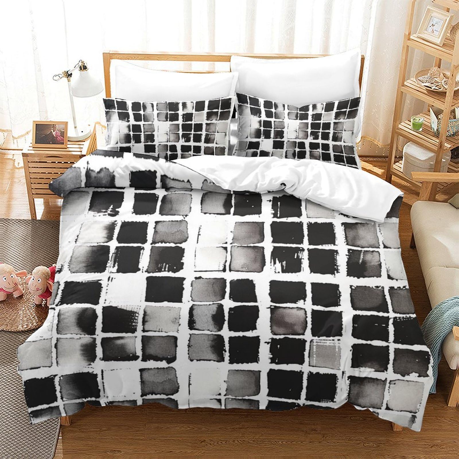 Housse de couette King 220x240 motifs rayures 3D avec 2 taies d'oreiller