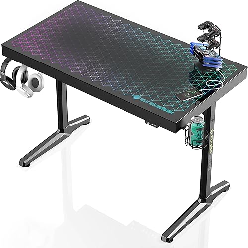 EUREKA ERGONOMIC Escritorio LED RGB para juegos, sincronización de música, luces de escritorio de vidrio templado, 43 pulgadas, GTG I43, mesa de