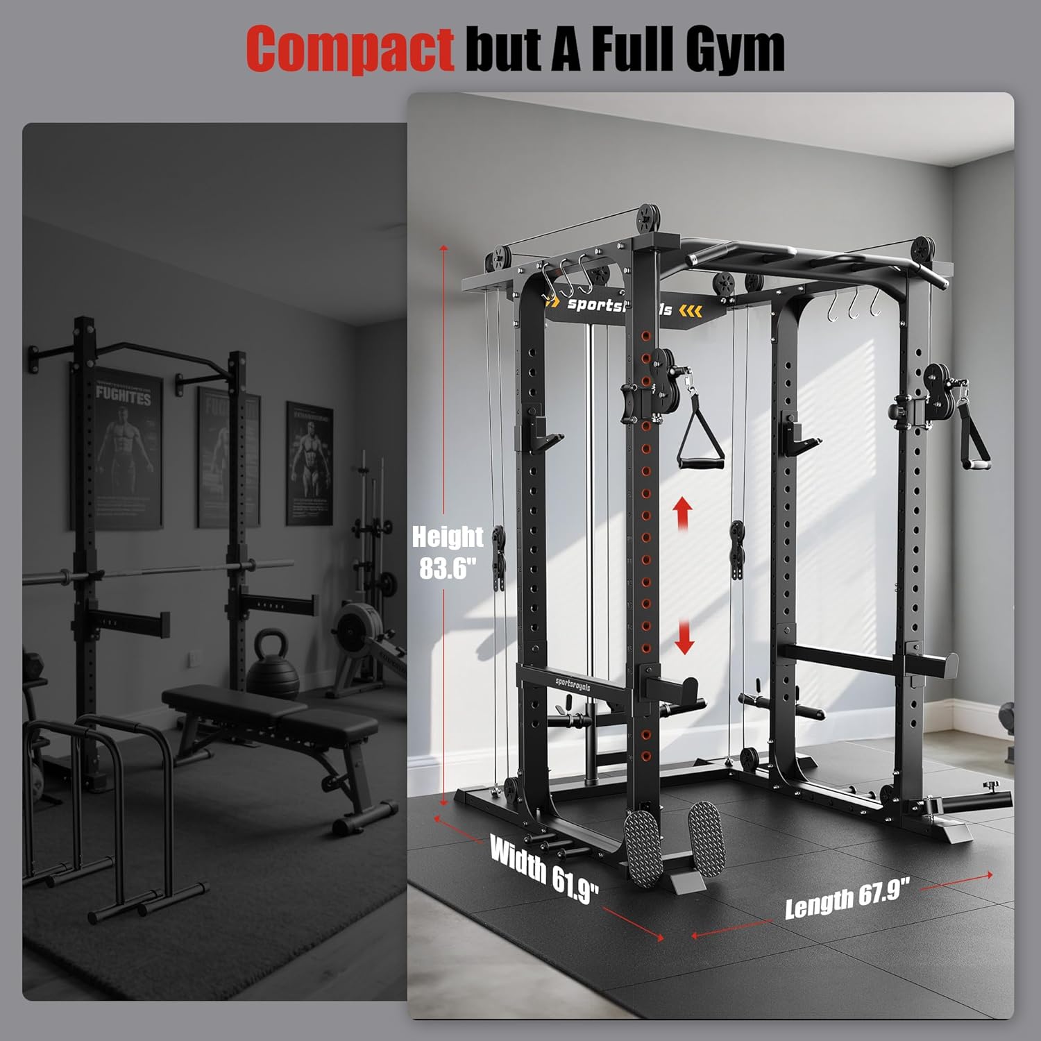 SPORTSROYALS Power Rack, Multi-Functional Power Cage, Squat Rack with Pulley System & LAT Pull Down, Workout Cage with J Hooks for Home Gym