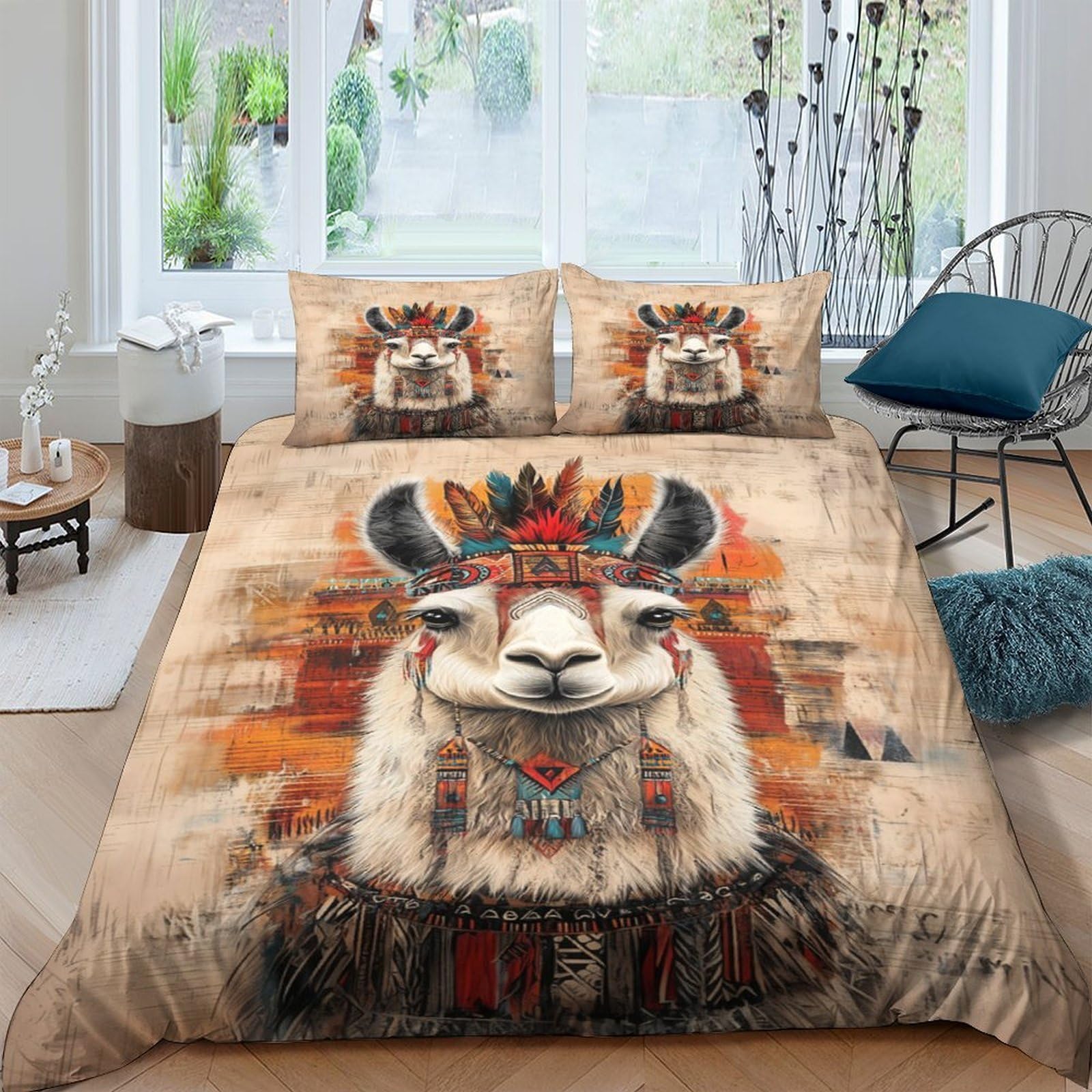 GPLZQXKJNH 3D Printed Llama Ethnic Style Duvet Cover Set Microfiber Soft Breathable Boho Aztec Bedding with 2 Pillowcases for Bedroom Single（135x200cm）