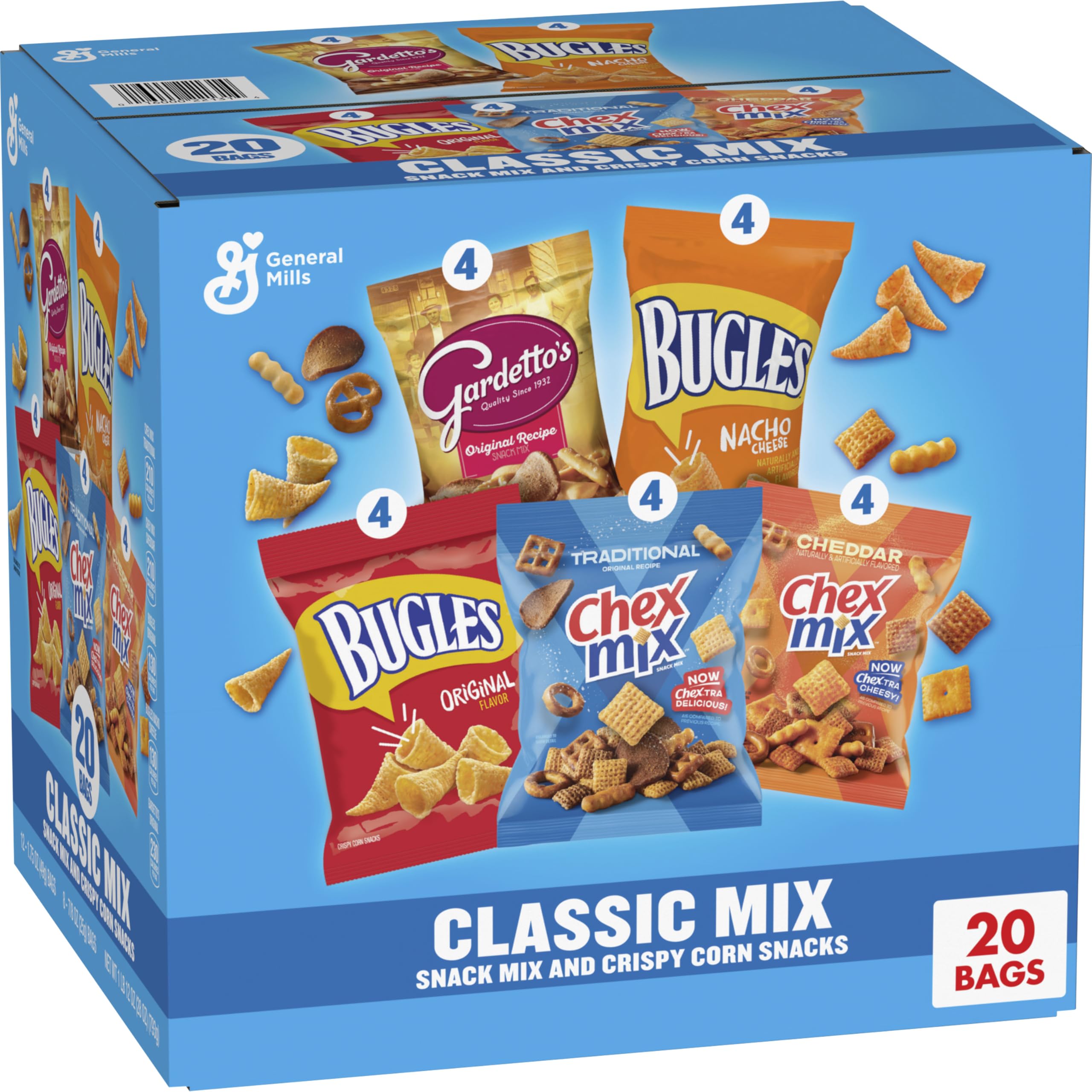 Classic Mix Snack Variety Pack, Bugles Original & Nacho Cheese, Gardetto's Original Recipe, Chex Mix Traditional & Cheddar, 800 ml (20 Bags)