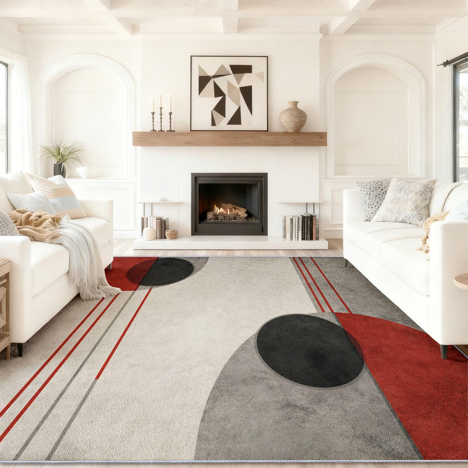 Gris Rouge Tapis pour Salon 120 x 170 cm, Lavables avec Dos Antidérapant, Tapis à Poils Courts Imprimé Abstrait Vintage Lignes Géométrique pour Cuisine Salle à Manger Bureau et Chambre