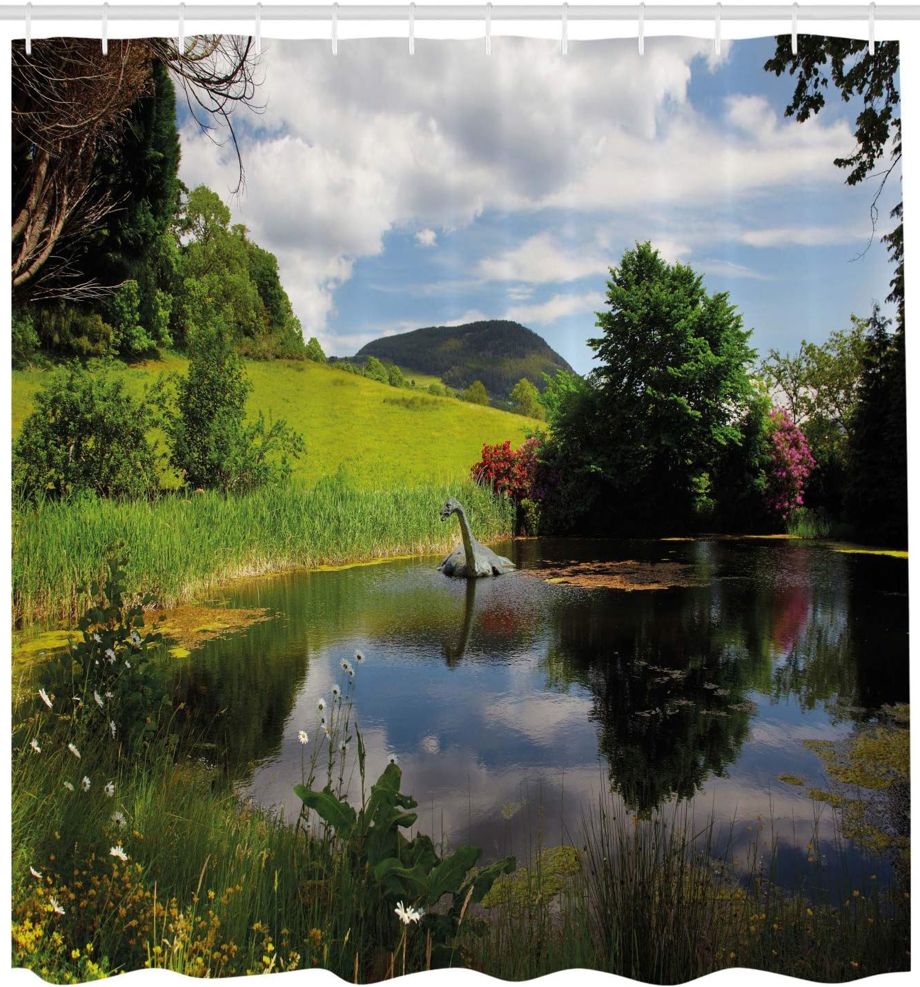 Ambesonne Nature Shower Curtain, Lake by Meadow in a Sunny Day Rural Country Valley Scottish Summertime Landscape, Cloth Fabric Bathroom Decor Set with Hooks, 69" W x 70" L, Multicolor