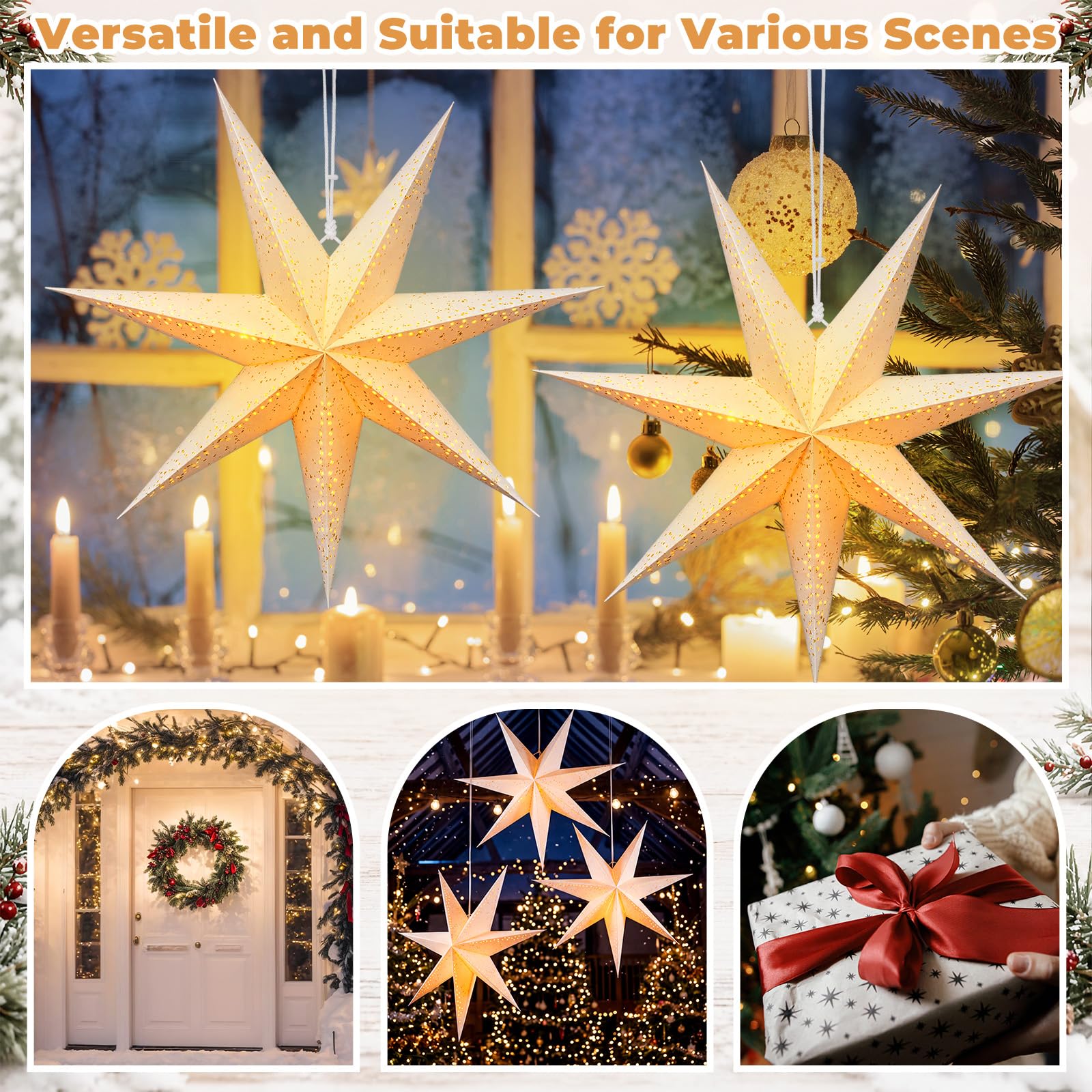 Sabary Papierstern-Laterne, 73 cm, extra groß, Weihnachtspapiersterne, Lampenschirm, 7 spitze Sterne, hängende Ornamente für Weihnachten, Neujahr, Hochzeit, Party, Urlaub, Geburtstag, Party