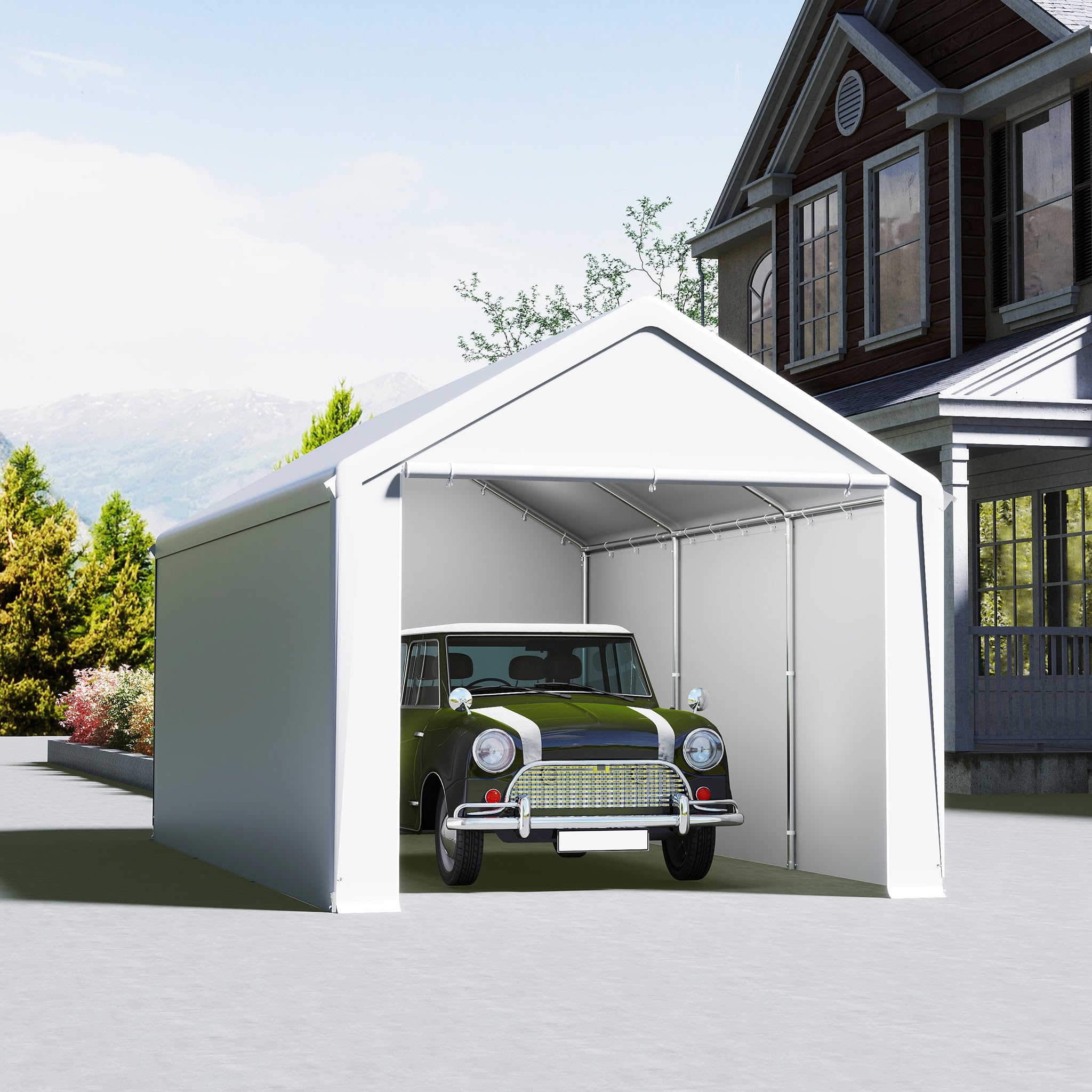 LZQ Tente de garage, 3 x 6 m, avec bâche en polyéthylène, renforcement du toit, parois latérales amovibles, cadre de sol, abri robuste pour voiture, SUV, camion (blanc)