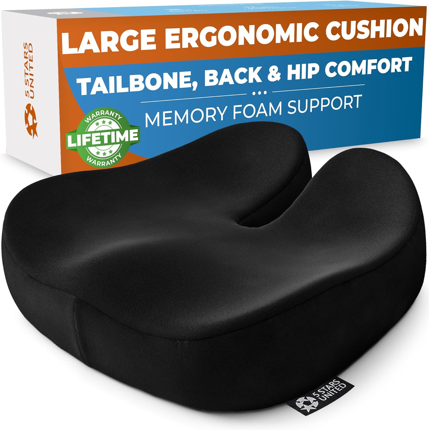 5 stars united seat cushion for tailbone pain relief – large memory foam cushion for coccyx, hip, sciatica & post-surgery recovery – wheelchair, car, desk, gaming & office chairs, black black premium large