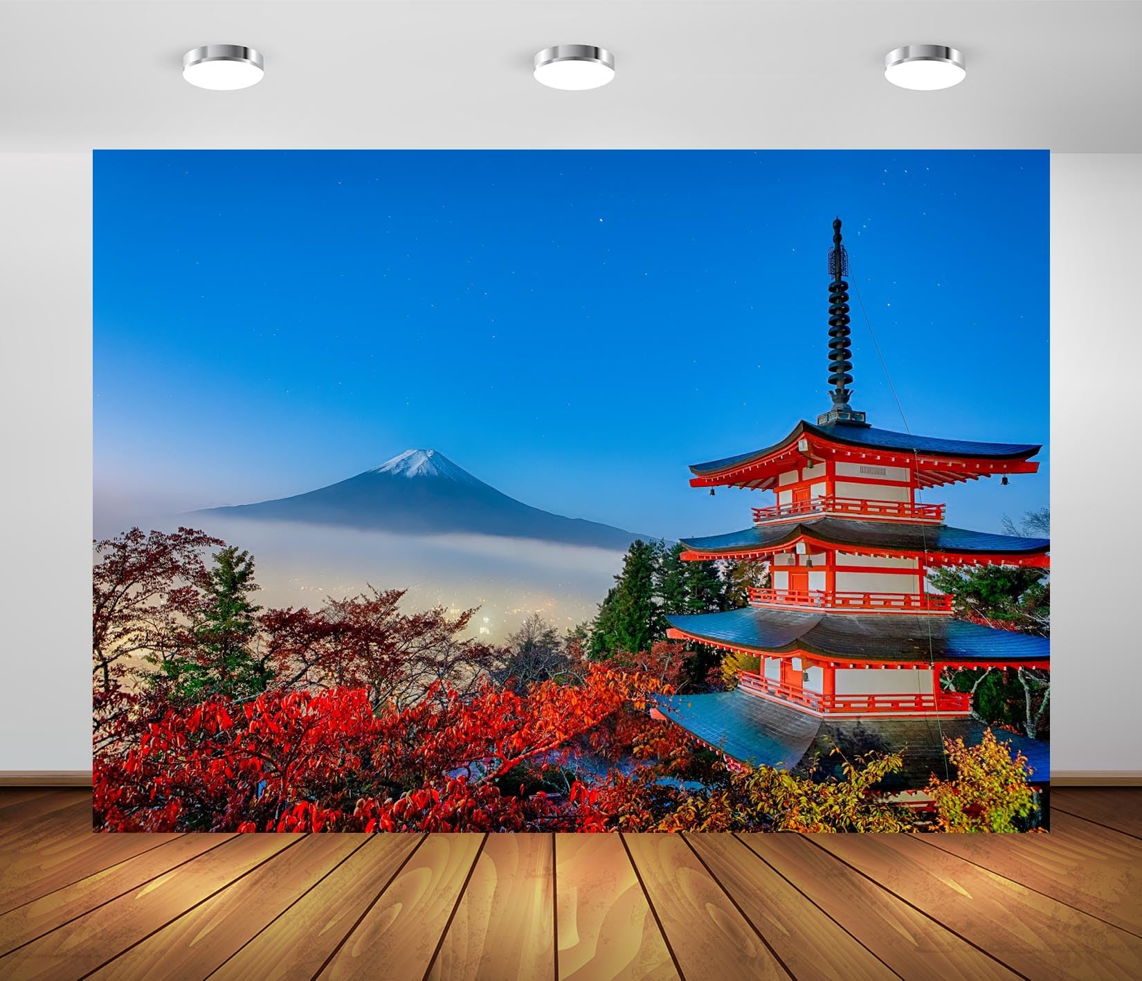 BELECO 7x5ft Fabric Japan Scenery Backdrop Mountain Fuji Chureito Pagoda Red Maple Trees Background Asian Travel Japanese Theme Party Decorations