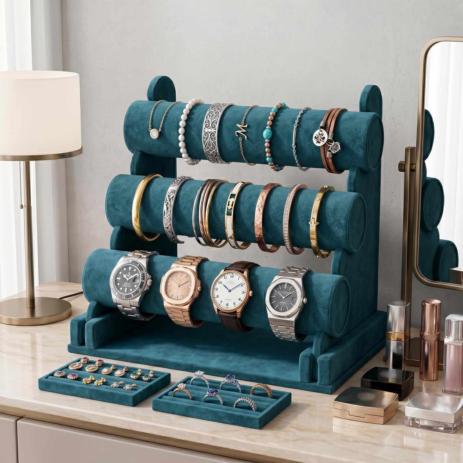 powerking Soporte organizador de joyas de terciopelo verde, soporte de exhibición de pulseras desmontable de 3 niveles y soporte, organizador de exhibición de joyas para reloj de pulsera