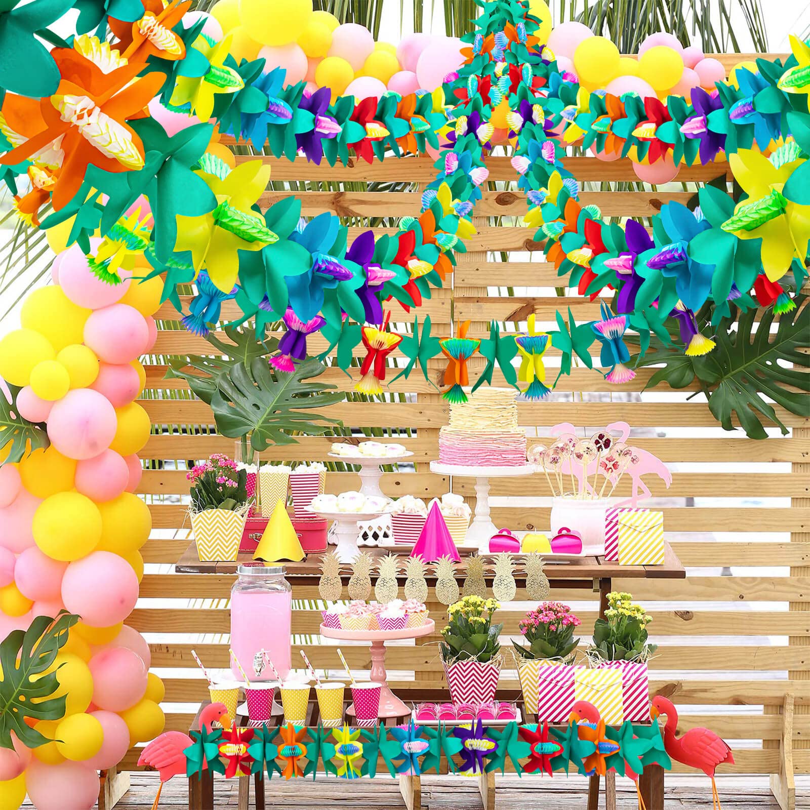 6 x tropische Blumengirlanden, buntes Luau, 15 m lang | Papierblumen Girlande Dekorationen Hawaii Strand Party Geburtstag Baby Party Hochzeit