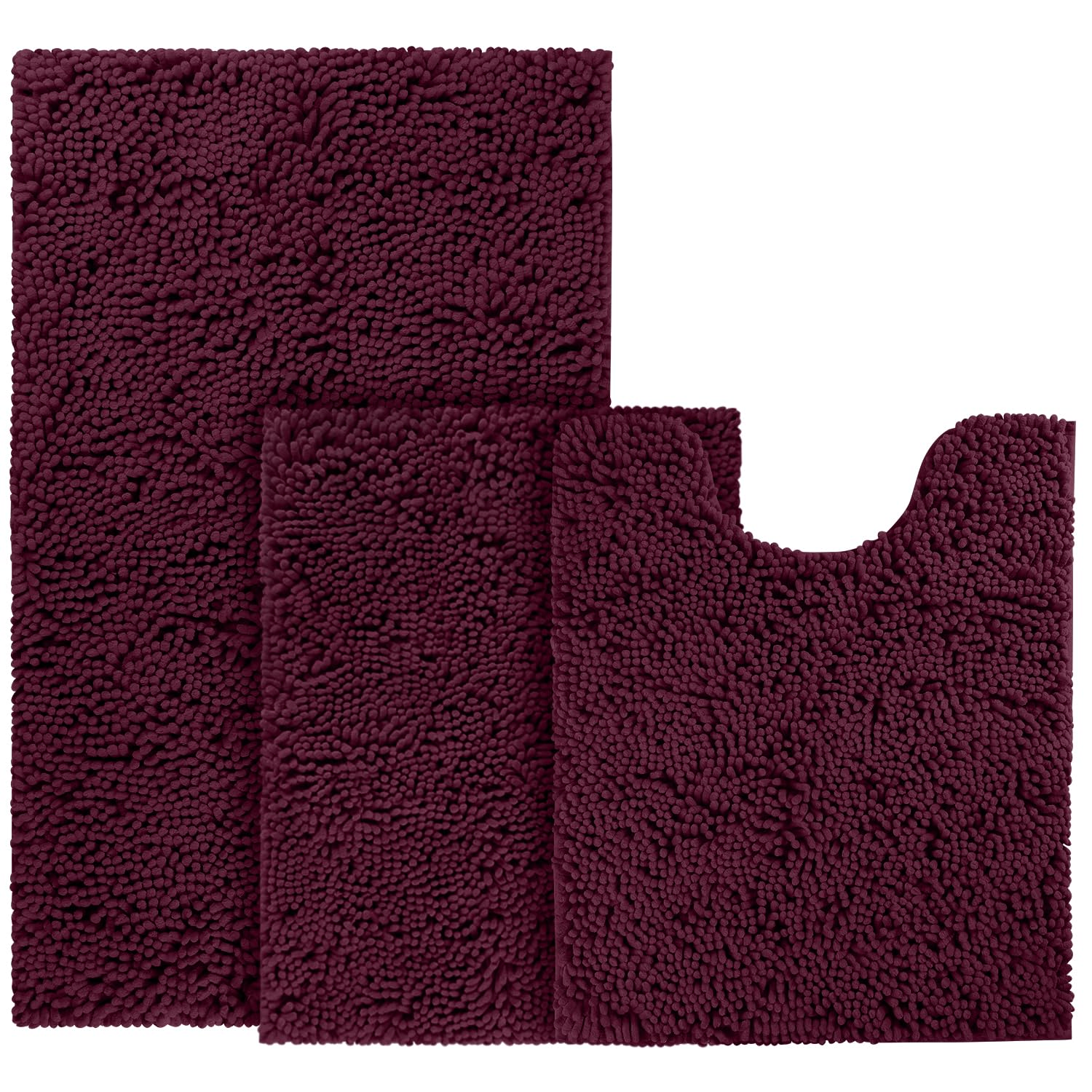 BYSURE Deep Burgundy Bathroom Rugs Sets 3 Piece Non Slip Extra Absorbent Plush Chenille Soft Washable Bath Rugs and Mats Set
