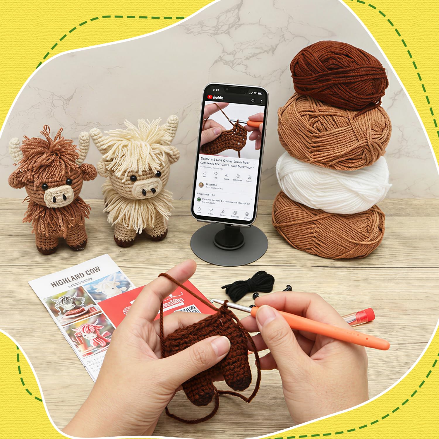 GONELYON Crochet Kit for Beginners, 2 PCS Crochet Animal Kit Highland Cattle, with Step-by-Step Video Tutorials, Beginner Crochet Kit for Adults, DIY Amigurumi Animal Craft Kit - 4
