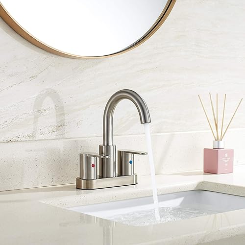 Miniatura 3 de Grifo de Lavabo de Baño Centerset de 2 Manijas Níquel Cepillado con Ensamblaje de Desagüe, Arco Alto Moderno de 4 Pulgadas Grifo de Tocador de Baño