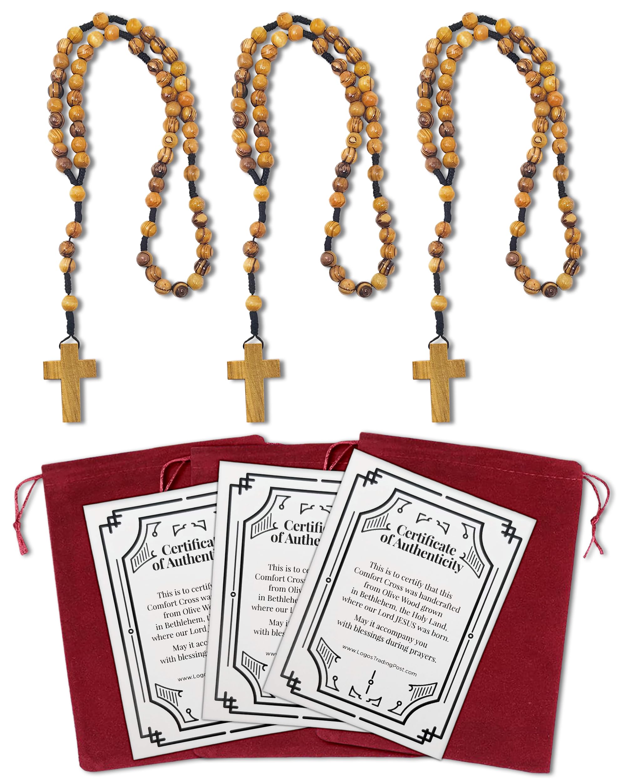 Certified Olive Wood Bulk Catholic Rosary Beads from Israel, Wooden Dangling Cross Pendant, Large Beads, For Men and Women, Baptism, First Communion, & Confirmation, Rosarios Catolicos
