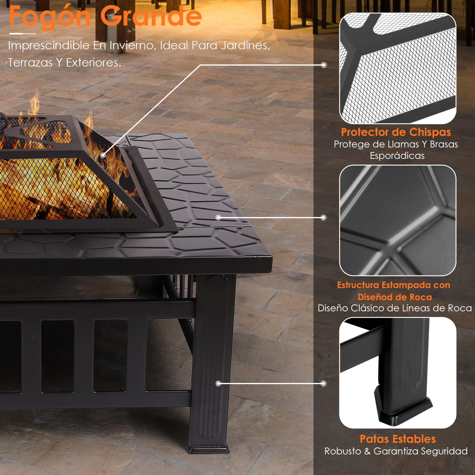 TLSUNNY Brasero Exterior Jardín 3 en 1, Metal Fire Pit con Protector | Brasero Cuadrado, Pozo de Fuego con Cubierta Impermeable, para Calefacción, Terraza,Barbacoa, Camping, 4 Pata, 81 x 81x 45 cm