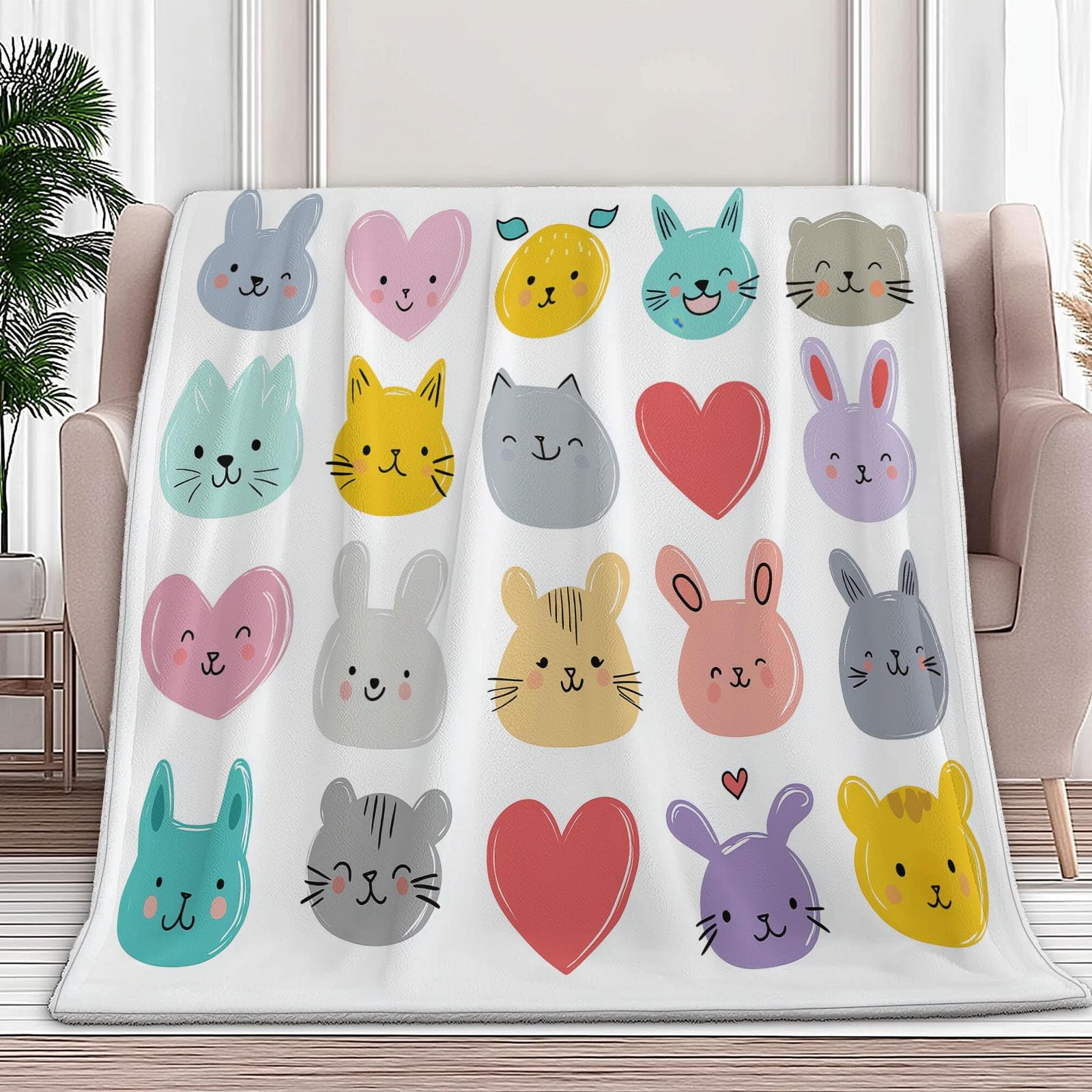 Genérico Manta de Franela de Forro Polar para Niños y Adultos 220 x 240 cm, Mantas para Sofa Estampado Elegante Lindo Animales Corazón - Manta Marfil Suave Cálida Transpirable Ligera
