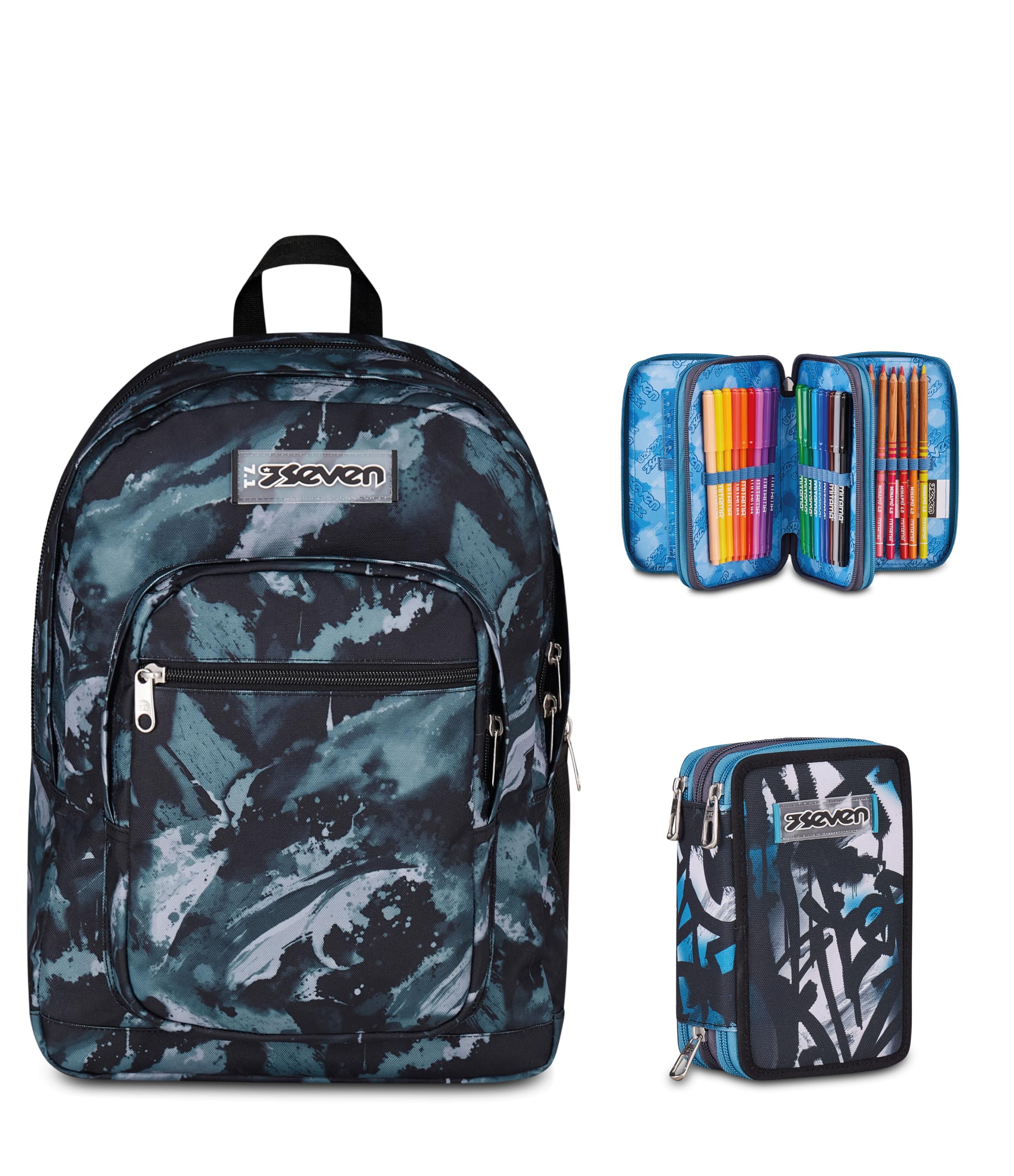 Seven Zaino Scuola FREETHINK, Doppio Scomparto, Grigio, 34 L, Bambini, Ragazzi + Astuccio 3 Zip, Completo di Matite e colori, Elementari, Medie, Tyle, grigio/nero