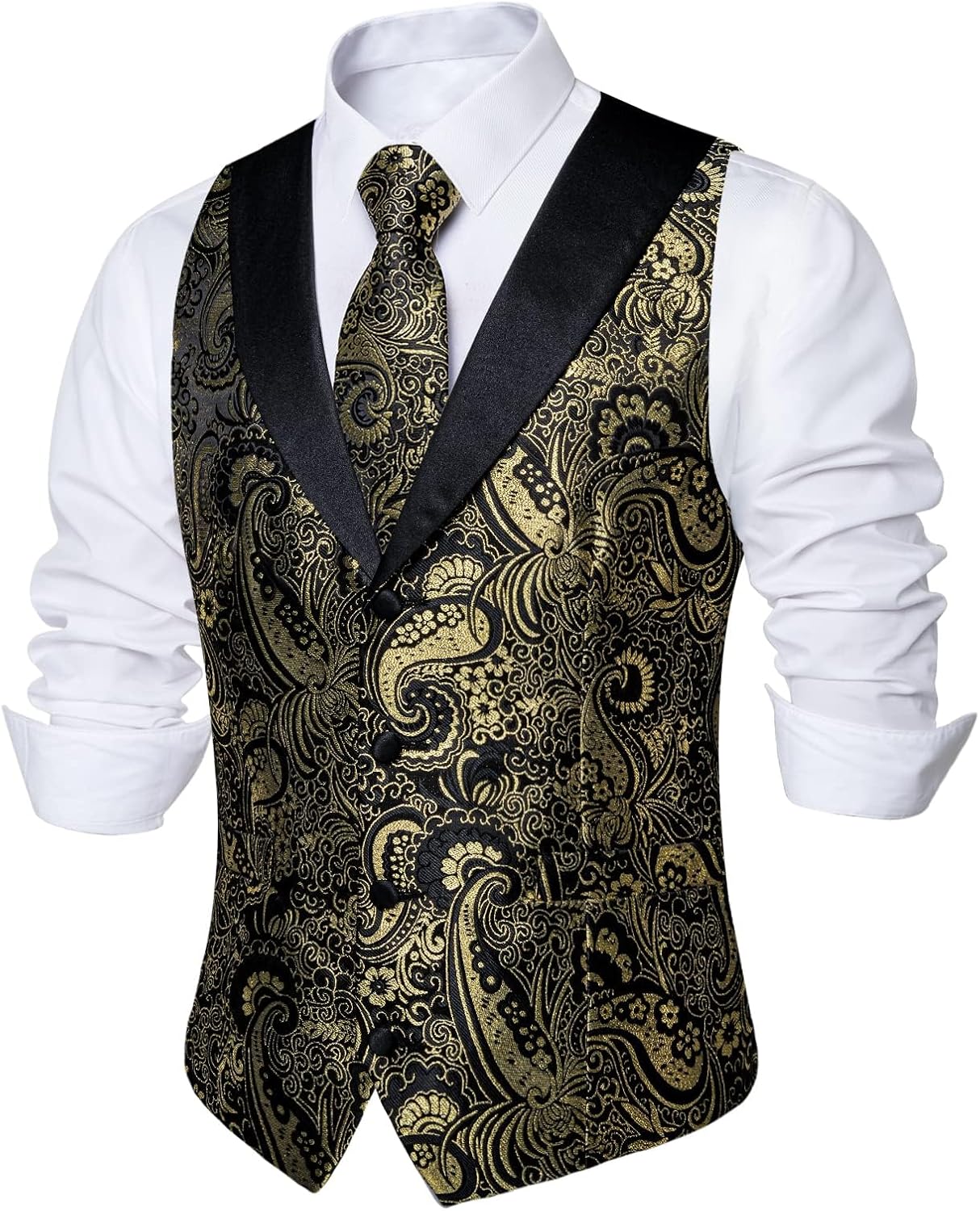 DiBanGu Mens Paisley Suit Vest Silk Jacquard Waistcoat and Necktie Set Formal Shawl Collar Dress Vest 7PCS for Wedding Party - Image 4