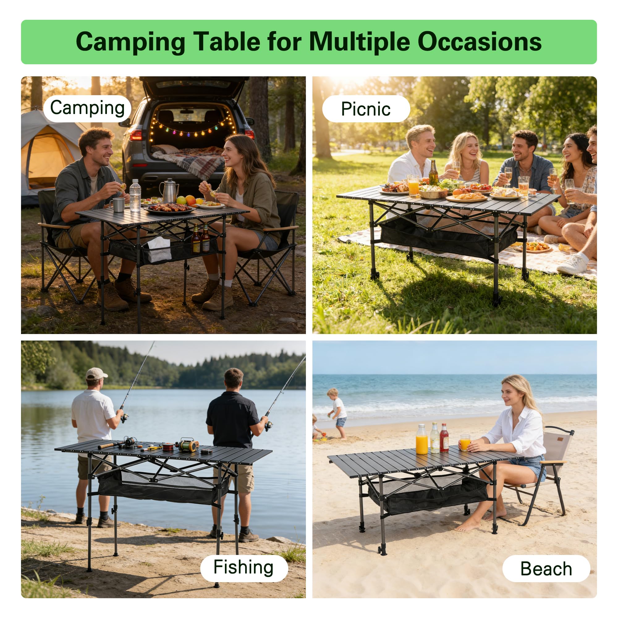 Grande table de camping pliante réglable en hauteur - 120 x 55 cm - Portable - Avec filet de rangement et sac de transport - Table à roulettes stable en acier au carbone - Pour camping