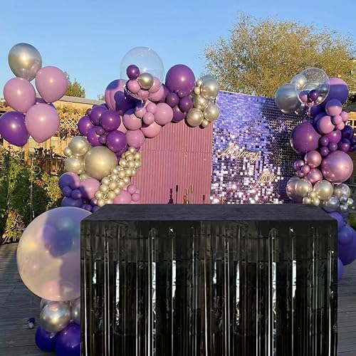 Miniatura 8 de Juego de 2 faldas de mesa con flecos de aluminio negro amplio, guirnalda de guirnalda metálica de oropel para decoración de fiesta de cumpleaños,