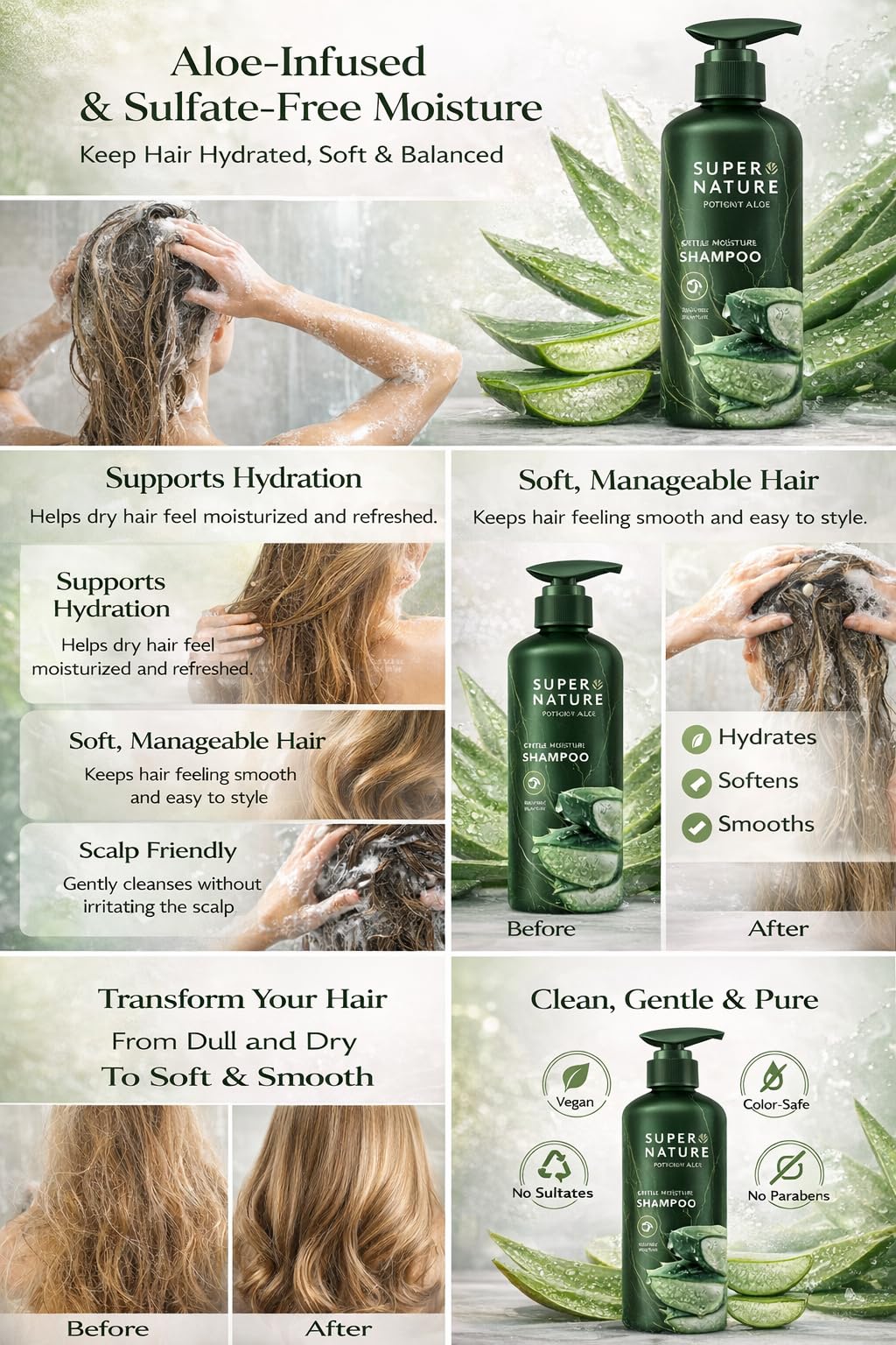 Super Nature Aloe Moisture Shampoo, Sulfate, Paraben & Dye Free