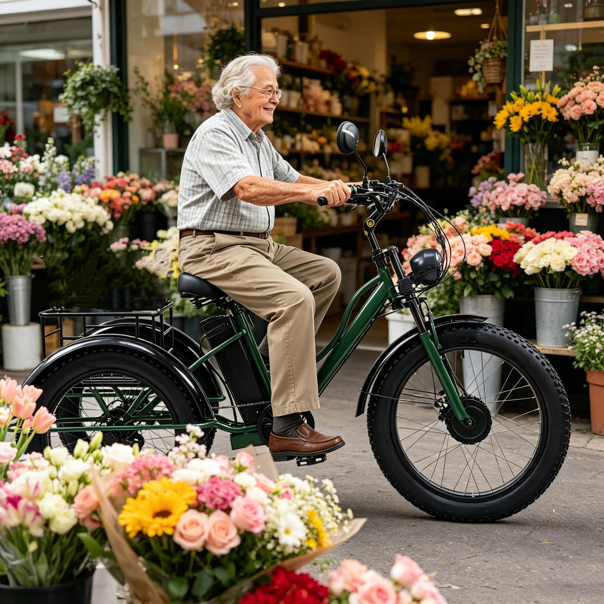 Triciclo elettrico da carico con pneumatici larghi da 24 pollici, adatto ad adulti e anziani per il trasporto di merci.