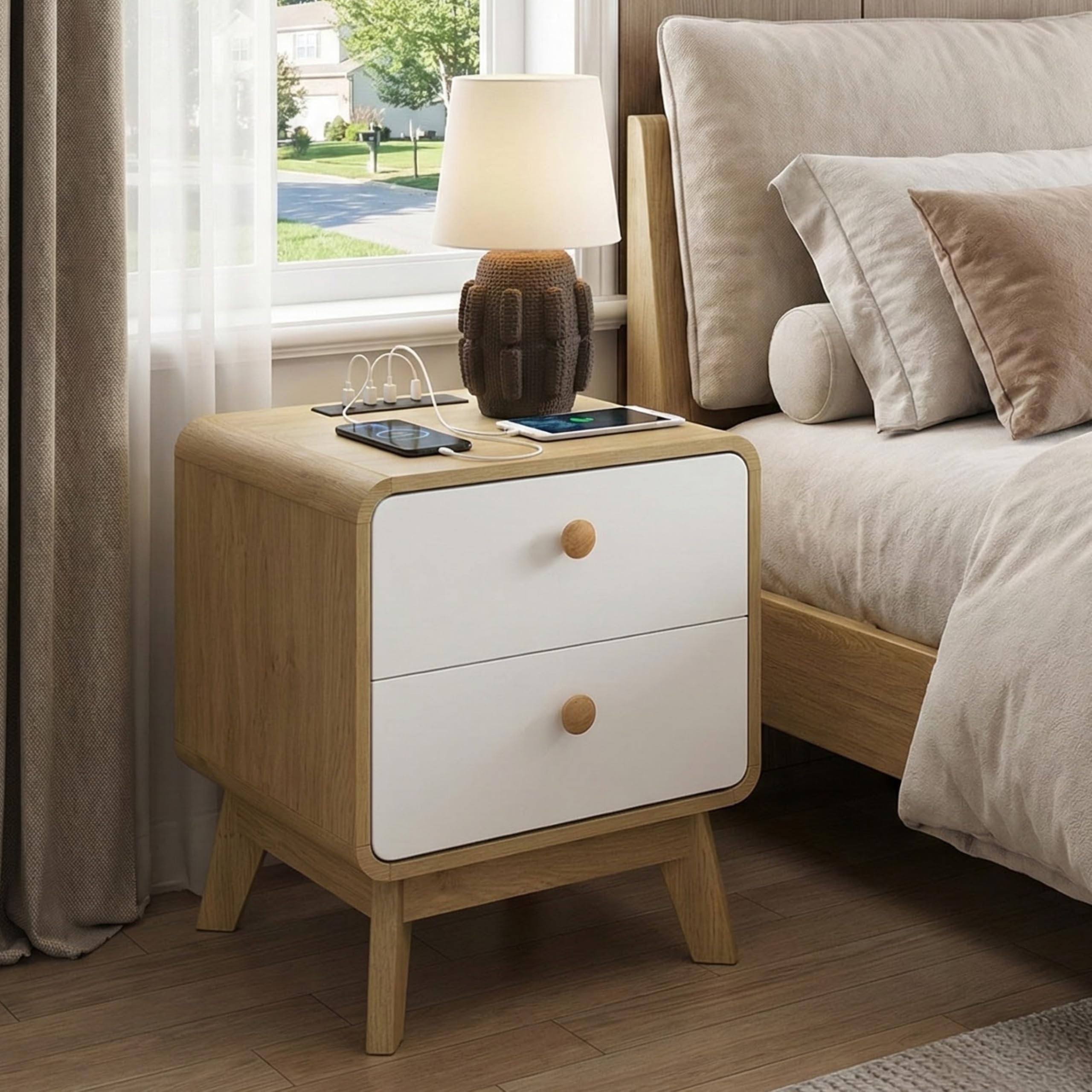 elisa home aries 2 drawer nightstand with charging station, bedside table with storage drawers, night stand for bedroom, end table or side table for living room, 15.5" d x 18.9" w x 21.7" h, oak/white