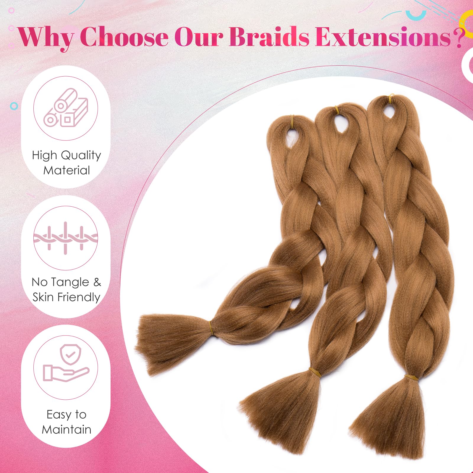 Benehair 3 Packs 24 Inch Braid Extensions Jumbo Box Braiding Hair for Twist Colorful Synthetic Hair Extensions for Braiding Light Brown Hair Extensions for Women(3 Packs - Image 4