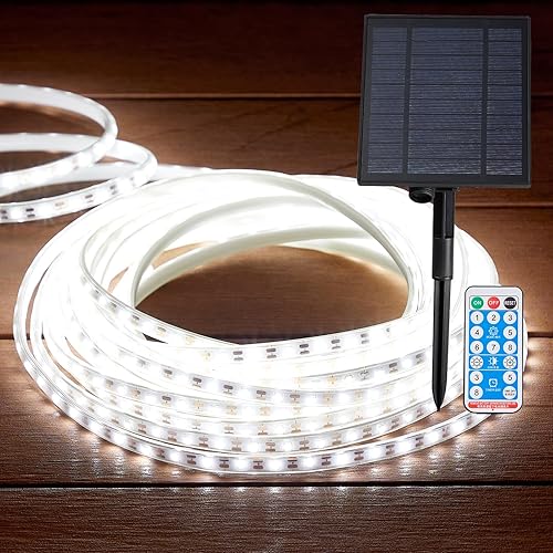 LUHLEE Tira de luces LED solares, cuerda de luces para exteriores, 8 modos de iluminación, tira de luces impermeables IP65 para patio, terraza,