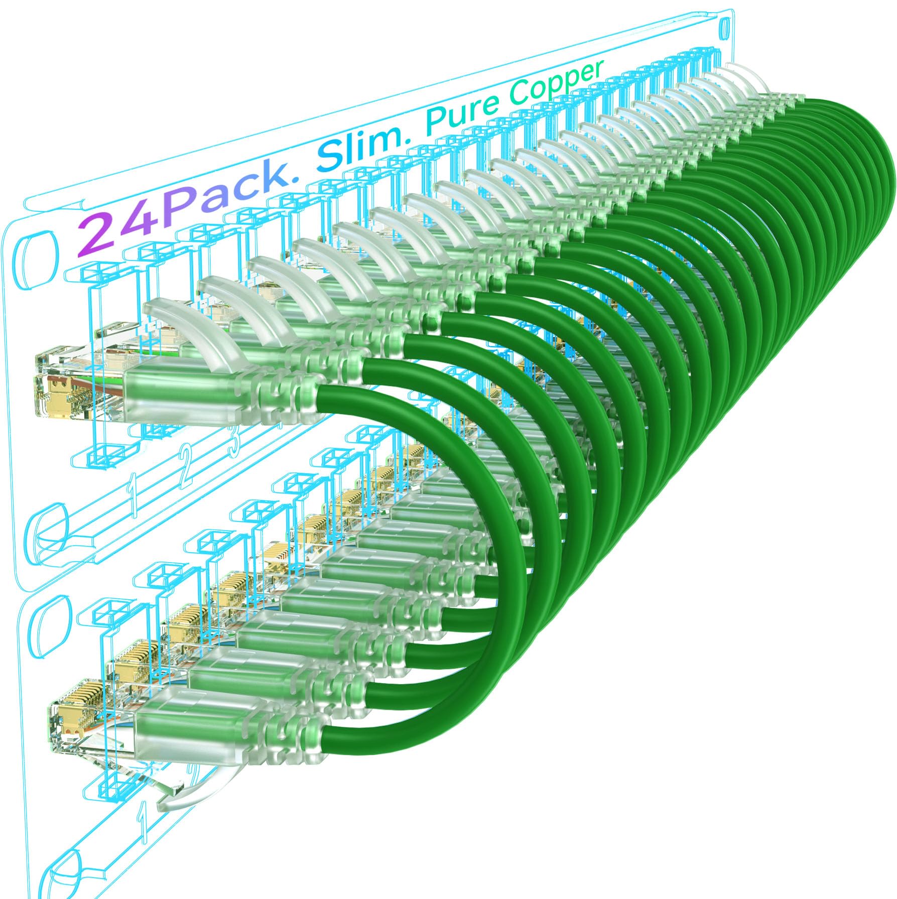 Sokqovt Cat6a Patch Cables Slim 1ft (24 Pack), Flexible Cat6 Ethernet Patch Cable 10G 550MHZ, 28AWG Pure Copper Cat6 Patch Cable for Network Cabinet,