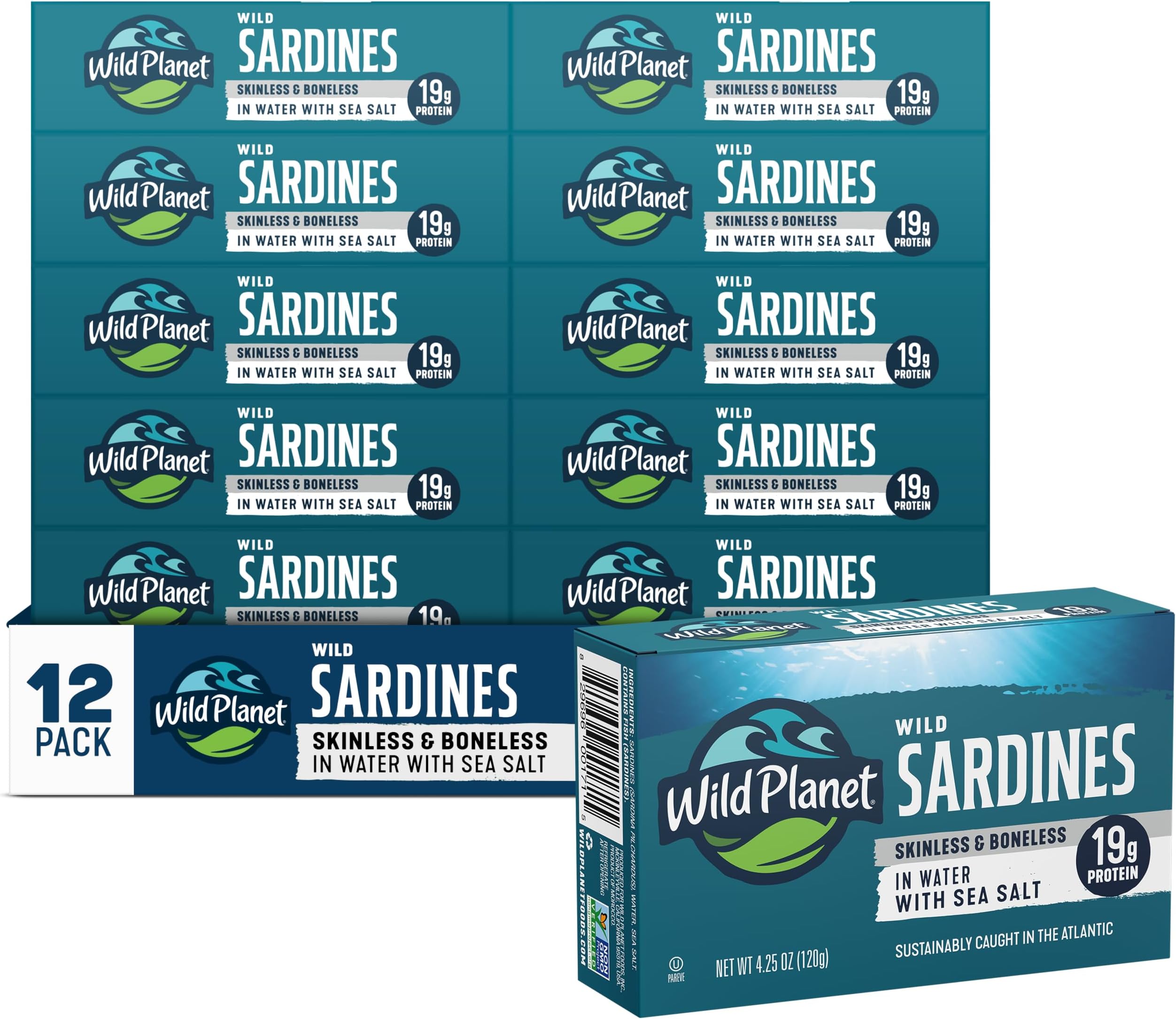 Wild Planet Wild Sardines in Water with Sea Salt, 4.25 Oz Can, Pack of 12