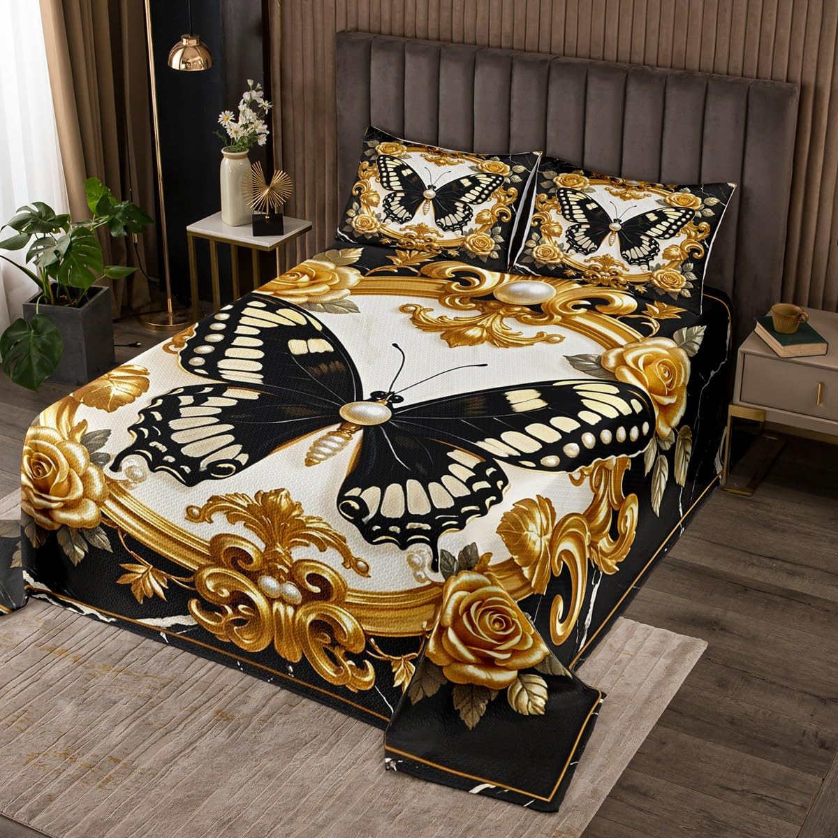 Castle Fairy Romantic Butterfly Bedspread Twin Size,Luxury Pearls and Retro Flowers Bedding Coverlet for Kids Teens Bedroom Decor,Black and Golden Bedding Set 2Pcs,1 Pillowcase
