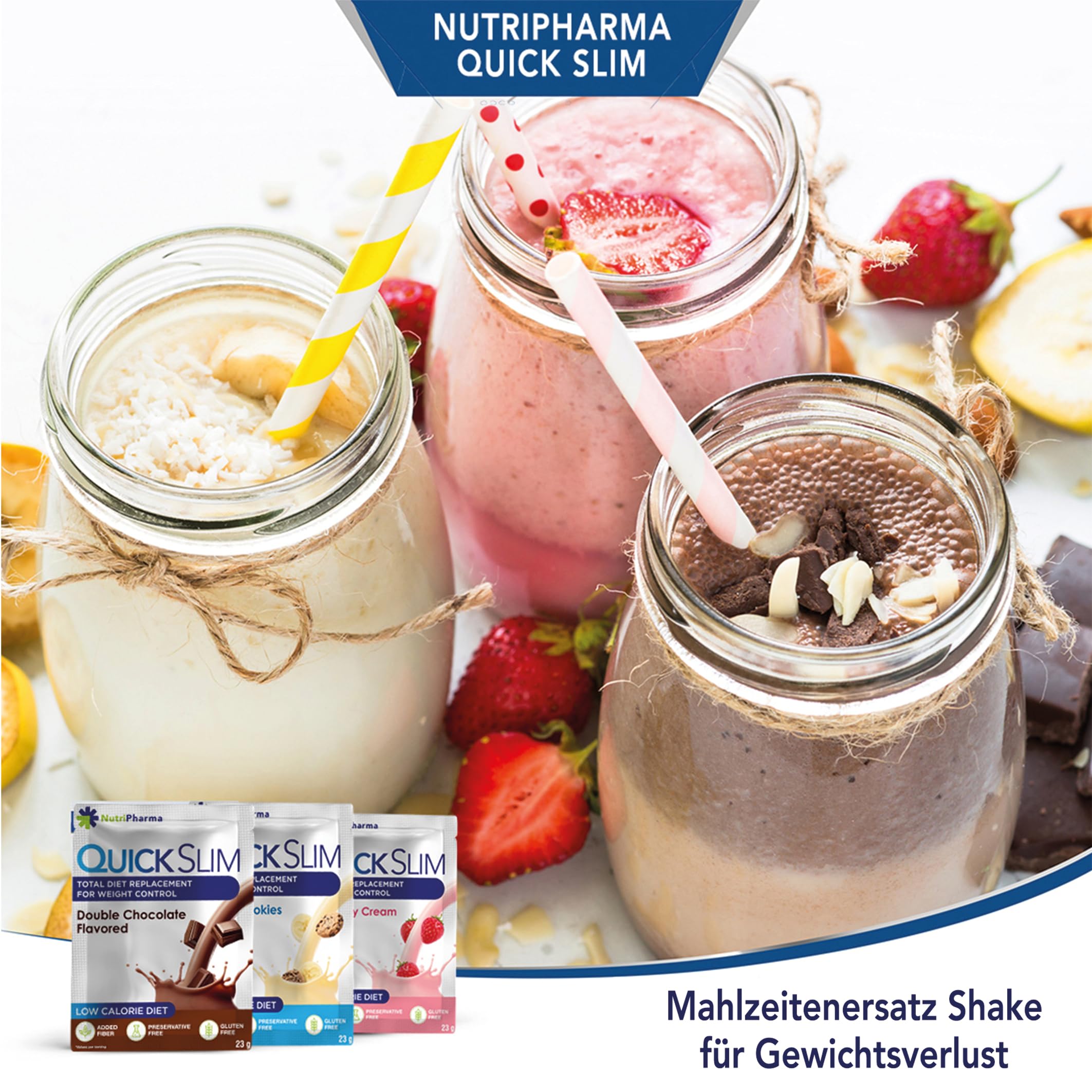 Quick Slim Mahlzeitenersatz Shake zum Abnehmen, 30 Portionen, 20g Protein, 27 Vitamine & Mineralien, Ballaststoffe, Low Carb, Glutenfrei (Abwechslungsreiches Paket)
