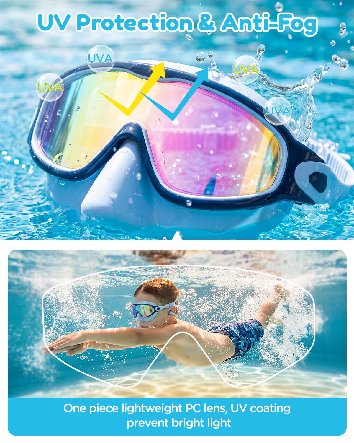 Lot de 2 lunettes de natation pour enfants avec cache-nez, large vue, protection UV, masque de natation pour garçons et filles de 3 à 14 ans