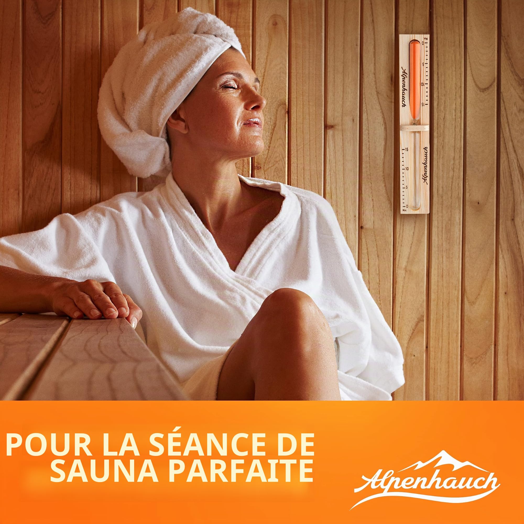 ALPENHAUCH Sablier pour sauna 15 minutes en bois 100 % naturel - Horloge de sauna élégante avec sable fin - Horloge de sauna robuste avec verre de sécurité - Horloge de sauna rotative à 360° - Avec