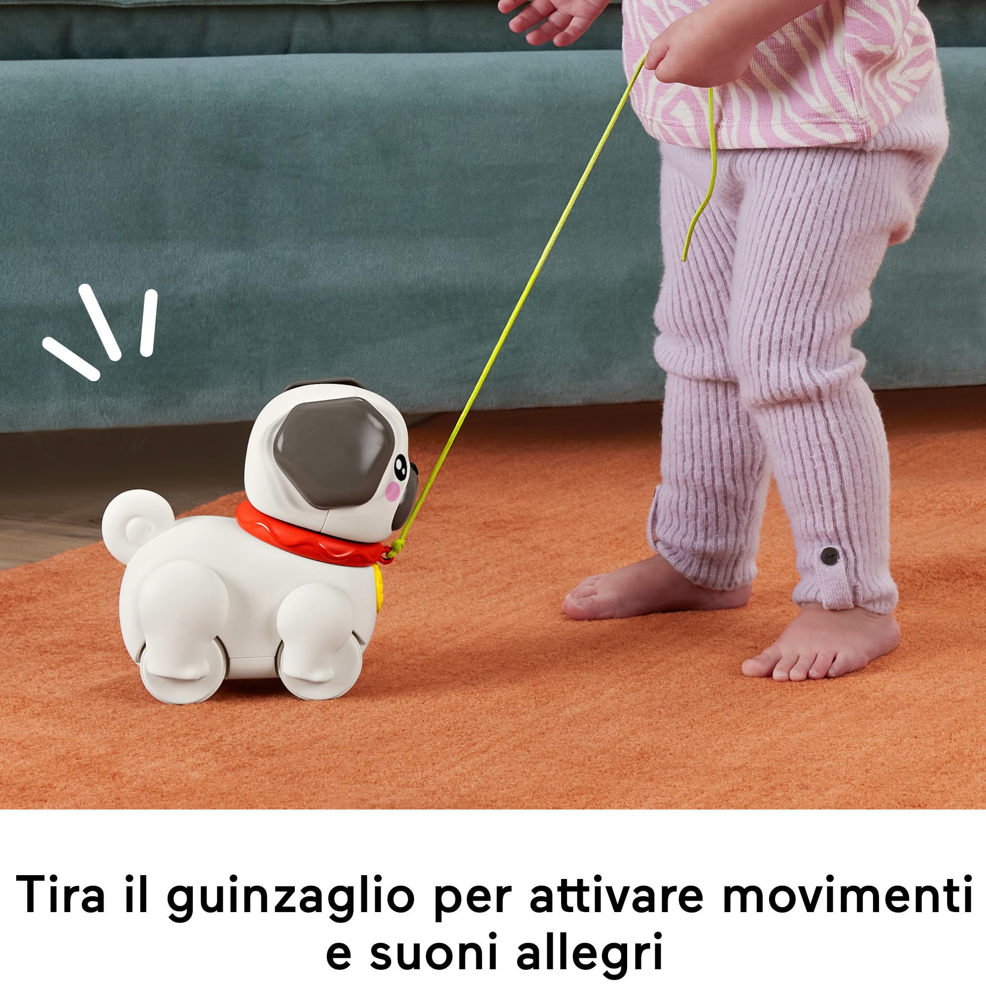 Fisher-Price Pets - Carlino Cammina con Me, Cucciolo trainabile con guinzaglio e Suoni, incoraggia a Camminare e abbaia con Il Movimento, giocatolo per Bambini, 12+ Mesi, HTW94