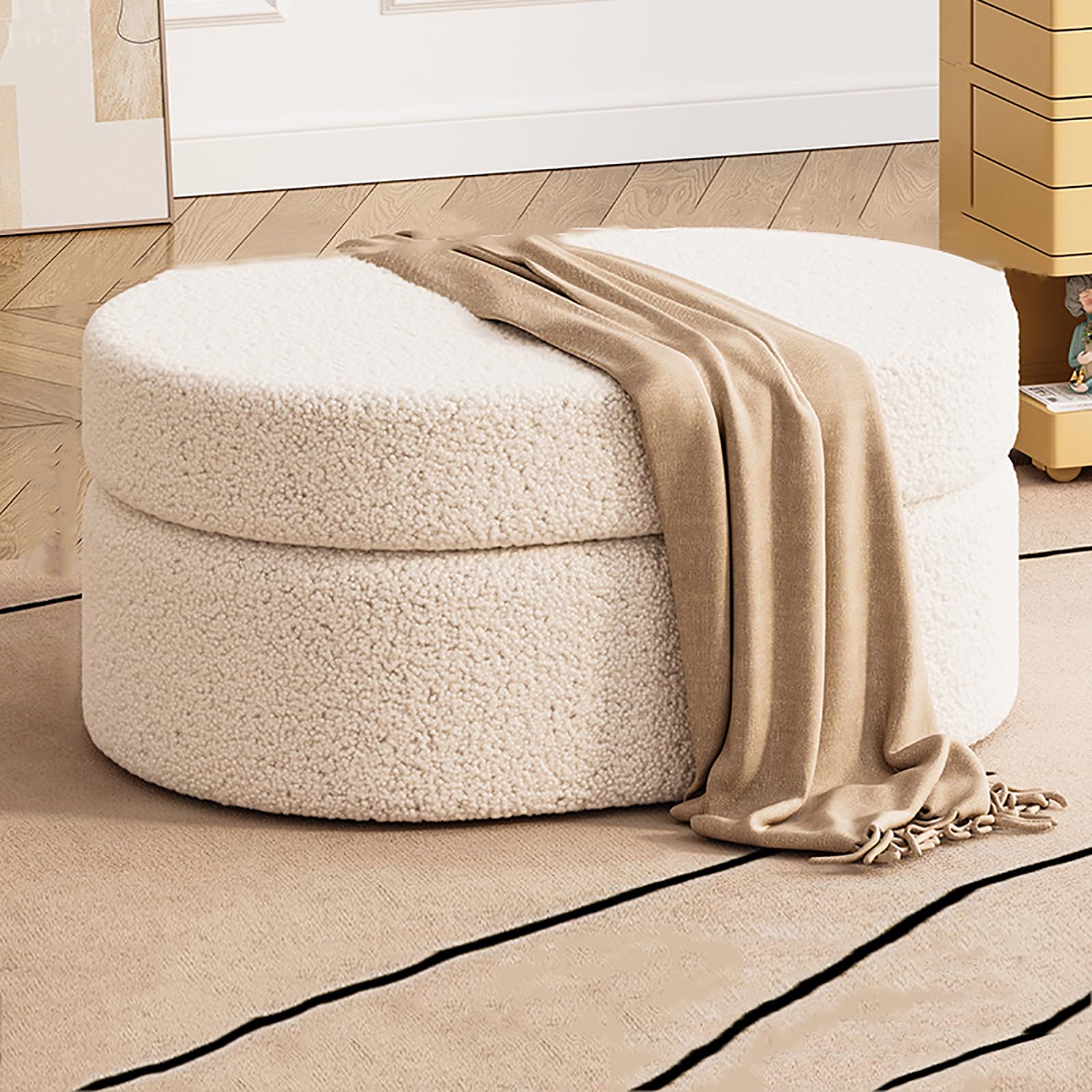 Banco ovalado bouclé de 70 cm reposapiés tapizado multifunción para dormitorio